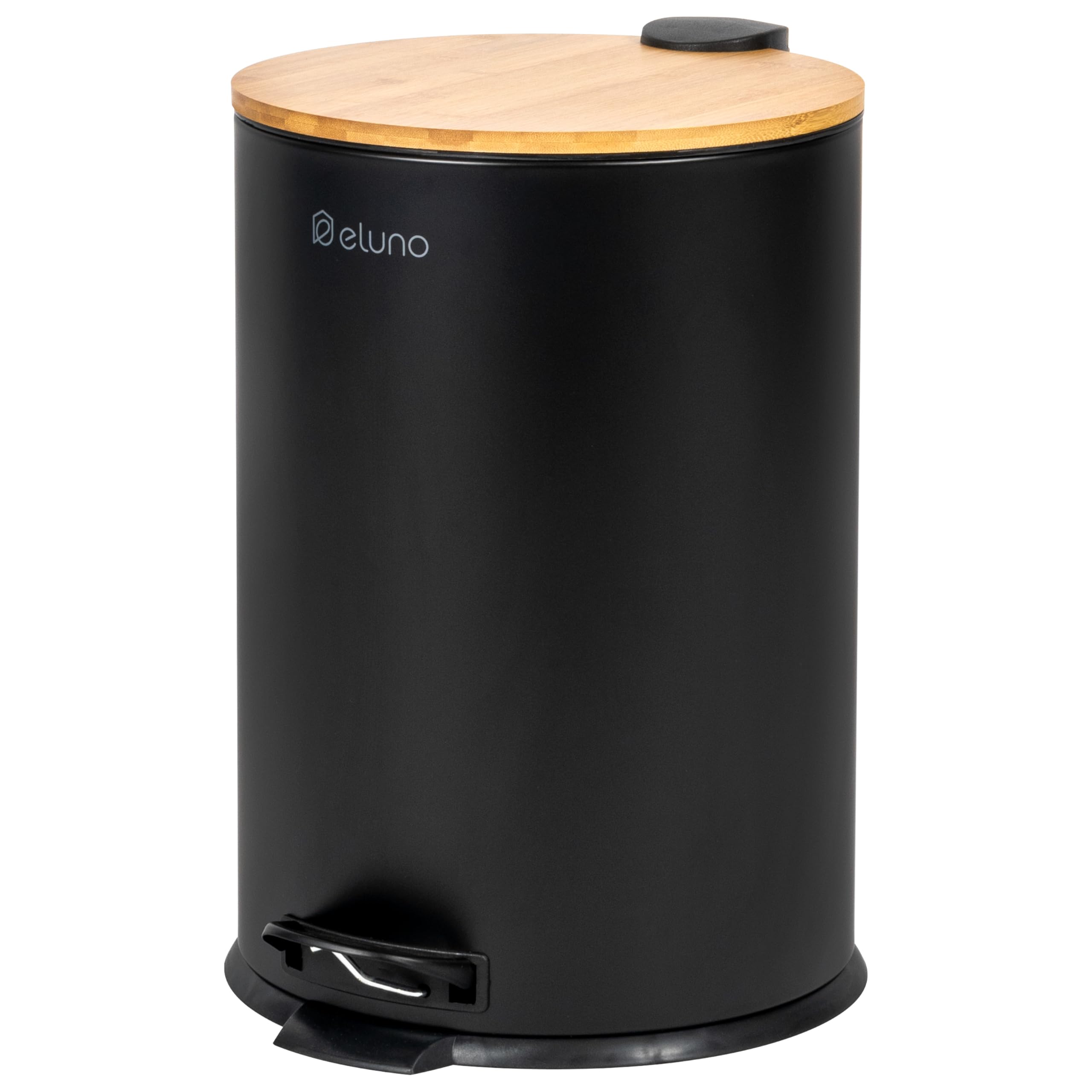 eluno Cubo de basura de cocina con pedal de 20 litros de capacidad, con tapa de bambú de cierre suave para baño, cocina, cubo interior de plástico extraíble, de bambú y metal (Negro)