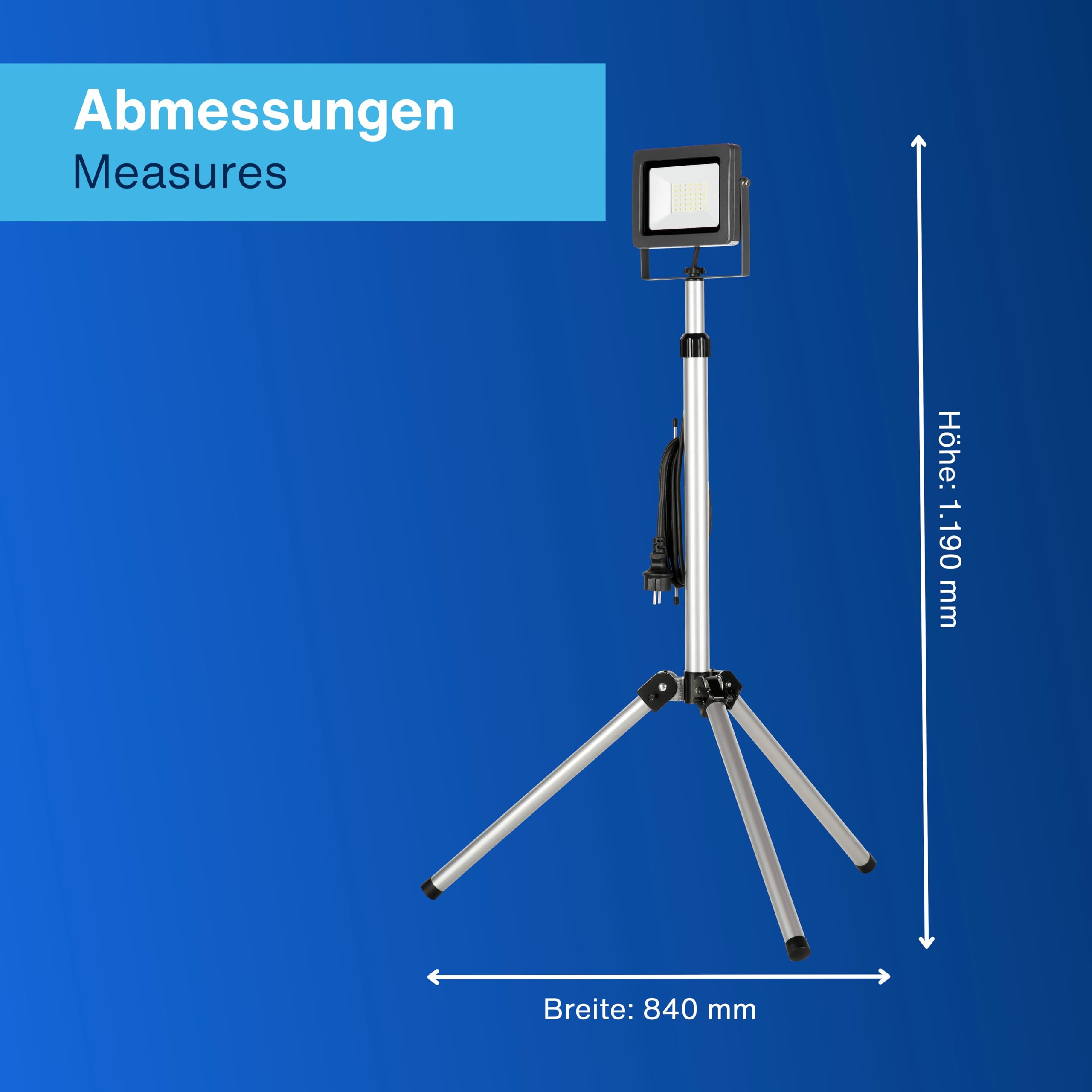 REV Baustrahler mit Stativ - 30W, 2550lm, 6500K, robuste Baustellenlampe für Baustelle, Werkstatt & Keller, Baulampe IP65 für innen & außen, silber