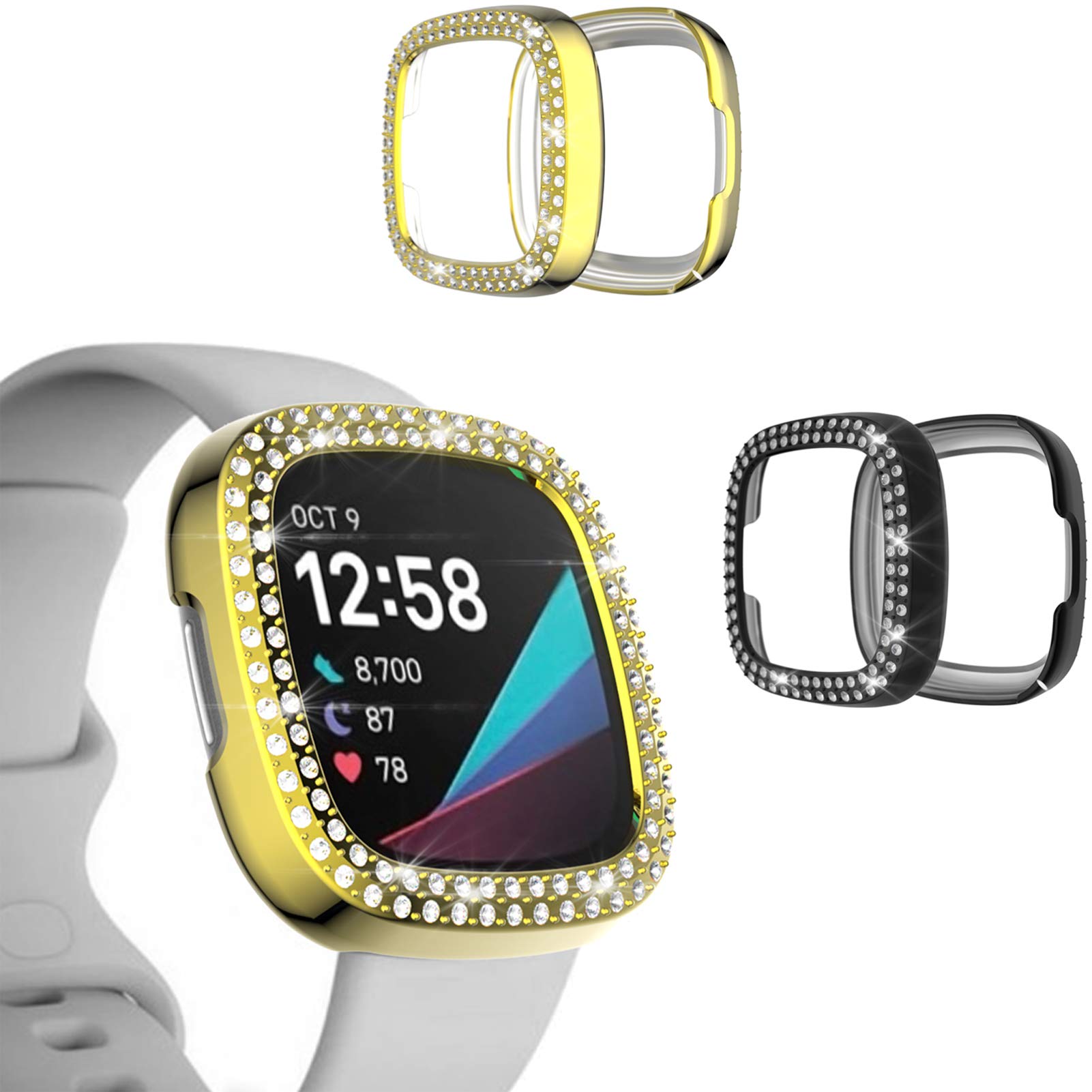 2-Pack Protective Case for Fitbit Sense/Versa 3 Cover, Bling Double Row Crystal Diamonds TPU Plated All-Around Bumper Frame Smartwatch Accessories (Golden Black)