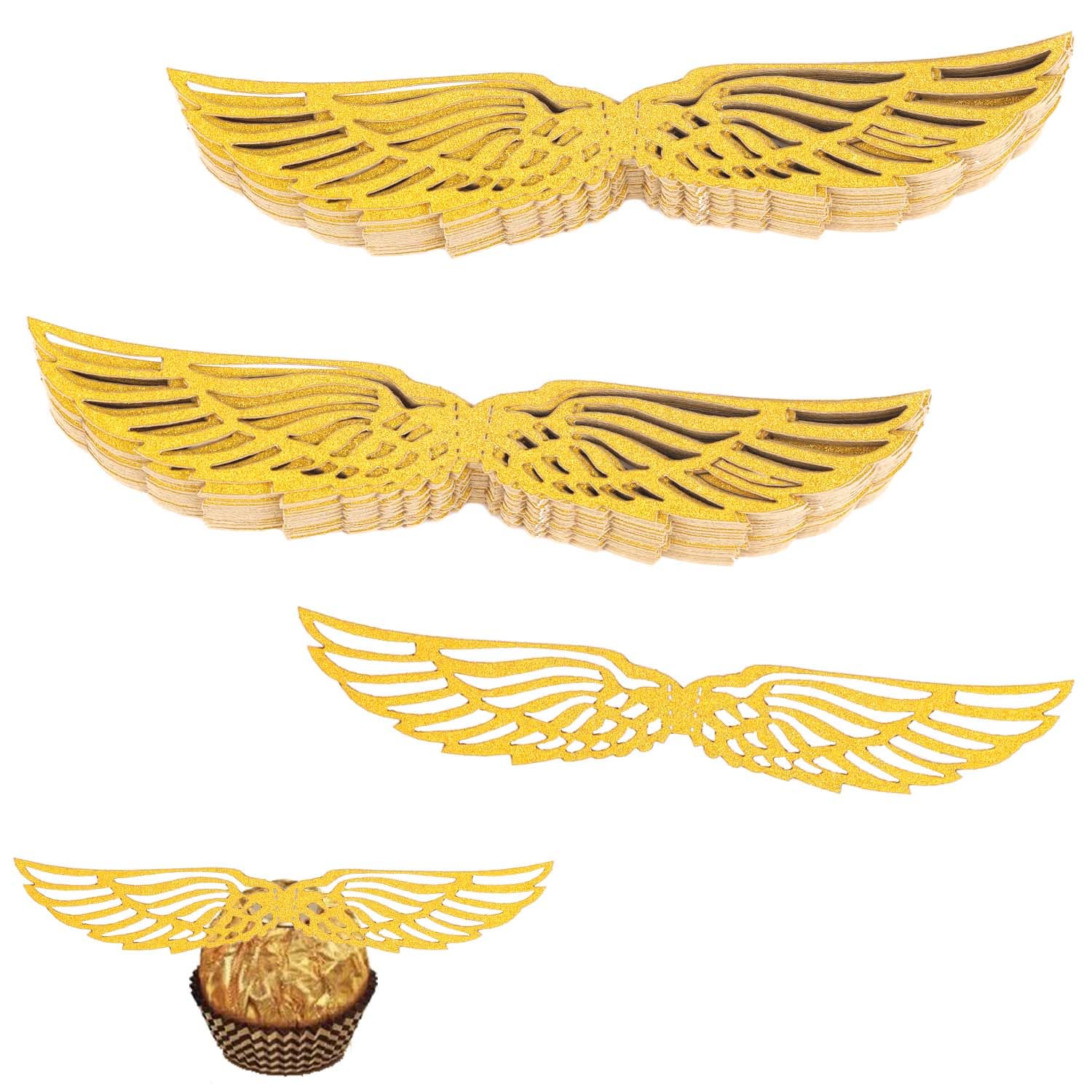 NQEUEPN Pack of 50 Golden Snitch Wings, Hollow Cake, Three-Dimensional Wings Decoration with 50 Dispenser Glues, Golden Cupcake Toppers for Birthday, Wedding, Party Gift