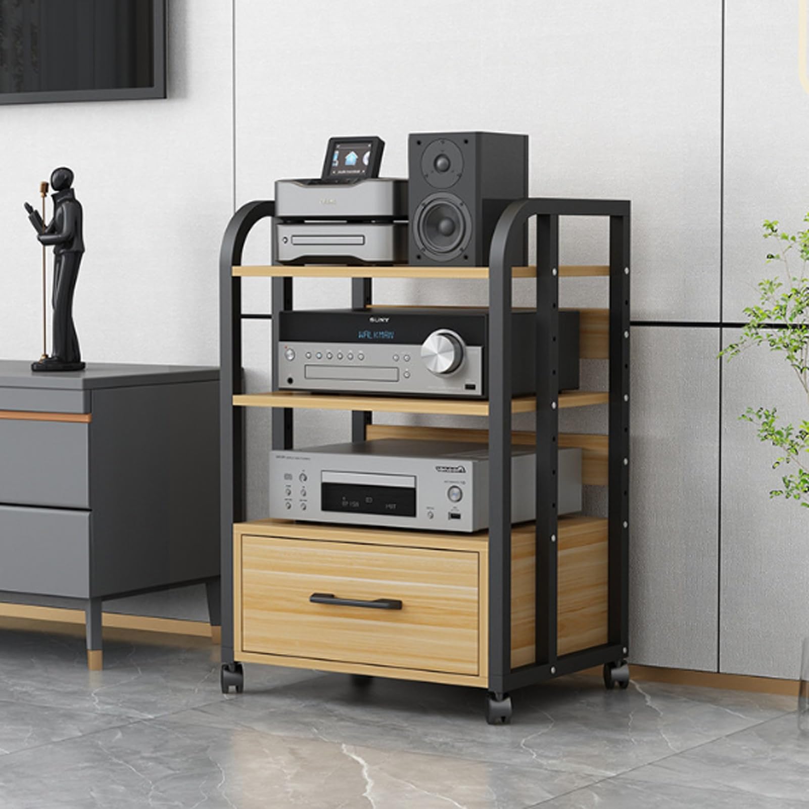 Stojak Multimedialny AV,Wieża Audio z Regulowanymi Półkami,Regulowane Półki | Stojak na Odtwarzacz cd do Salonu Szafka na Komponenty Stereo WieżA Typu Rack Audio z Ruchomym KółKiem(A1,4 layer)
