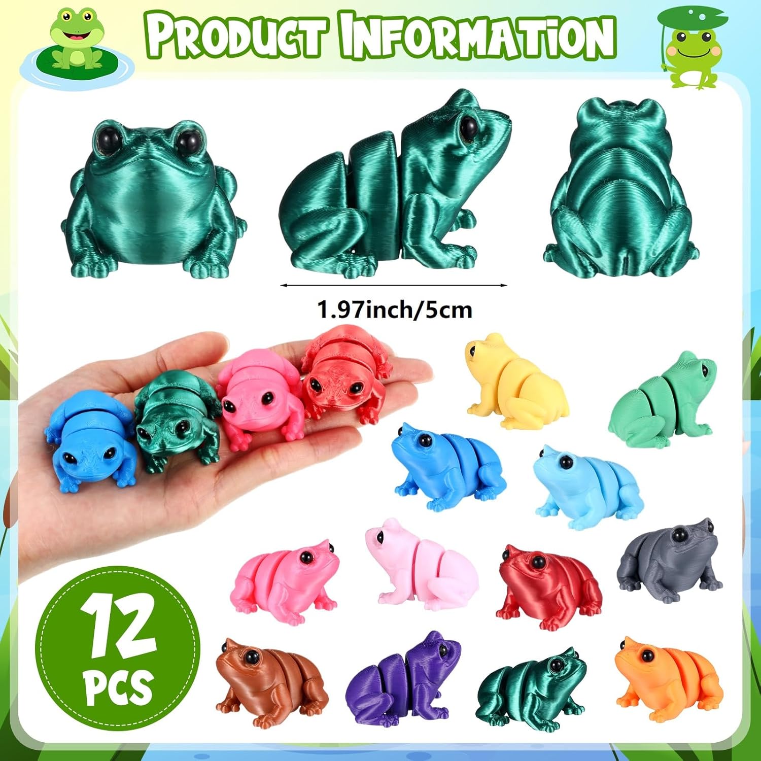 Honoson 12 Pcs 3D Printed Animal Fidget 3D Mini Animal Flexible Cute Articulated Small Stress Pet Relief Fidget for Adult Party Favors Home Display(5-7cm,Cute Frog) - view 2