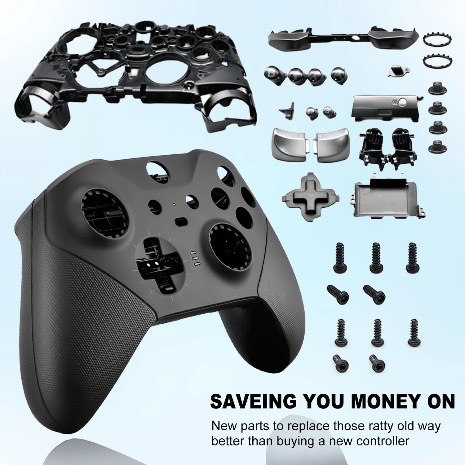Replacement housing Shell kit for Xbox One Elite Series 2 Controller Replacement Parts Full Shell Case Cover Set Faceplates Middle Frame ABXY LT RT Buttons LB RB Bumper Accessories Tools（Black）