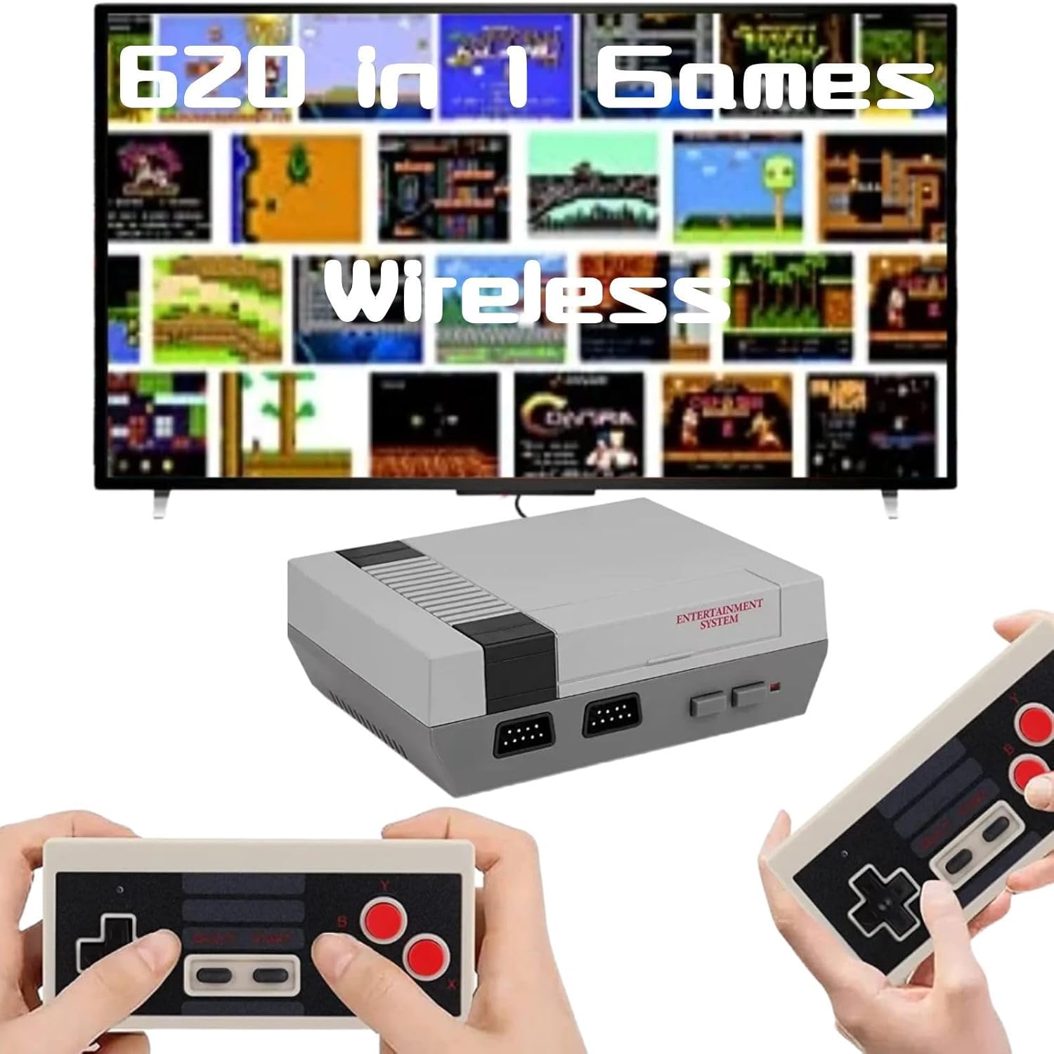 Retro Gaming Console, 620 Retro Game System, Built-in Classic Video Games, Plug & Play Game Console for TV with AV Output and 2 Wireless Controllers (Gray)