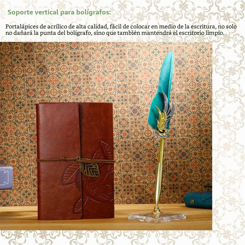 VBESTLIFE Conjunto de Botella de Tinta Cuaderno de Cuero Retro con Pluma Estilográfica de Plumaje Tallado Vintage para Caligrafía Escritura Regalo de Papelería(Blanco)