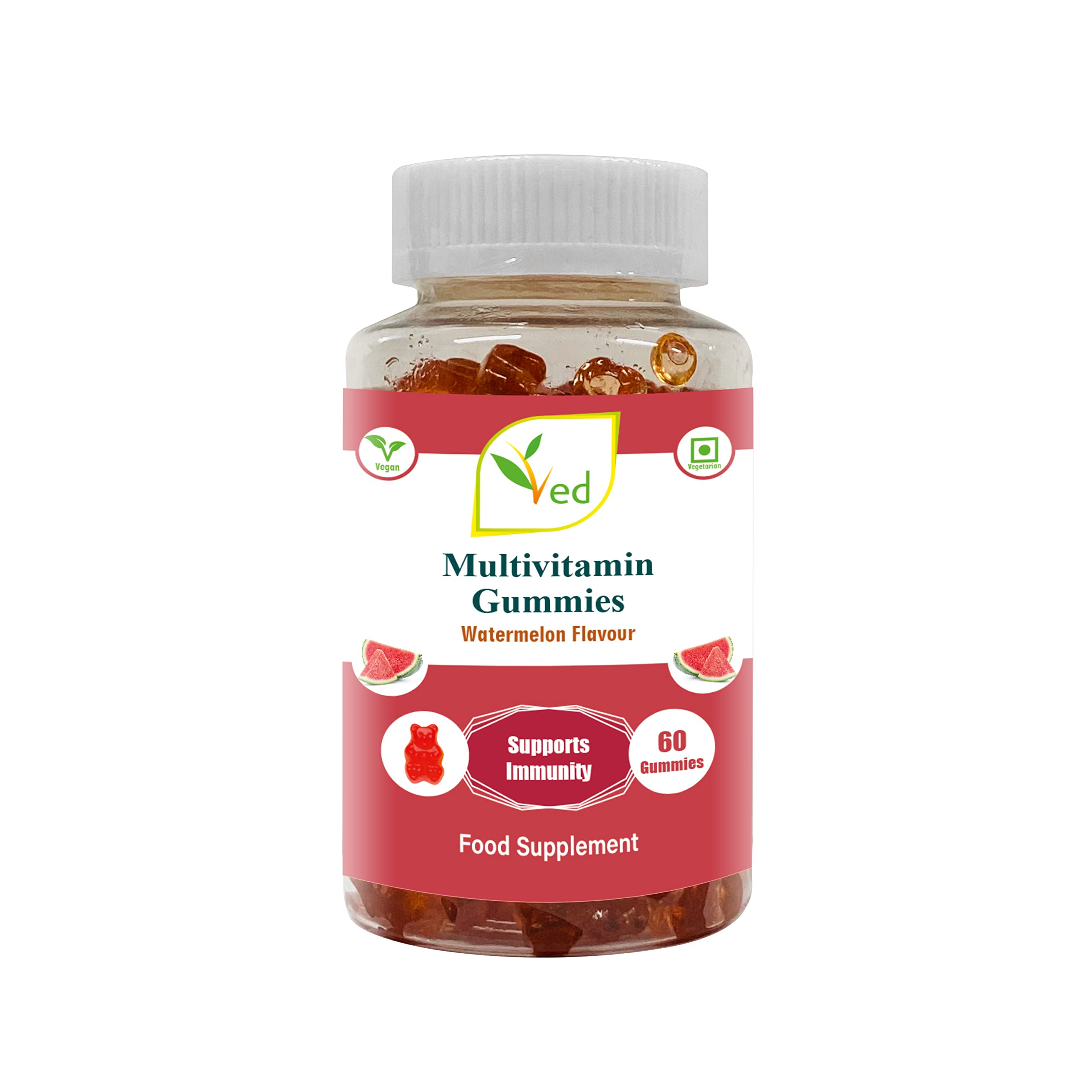 VedMultivitamin Gummies; MV Chews Watermelon Flavour, Raw Unfiltered Multivitamin Gummies with Mother Culture, Vegetarian Vegan Health Supplement for Men and Women- 60 Chews 30 Days’ Supply