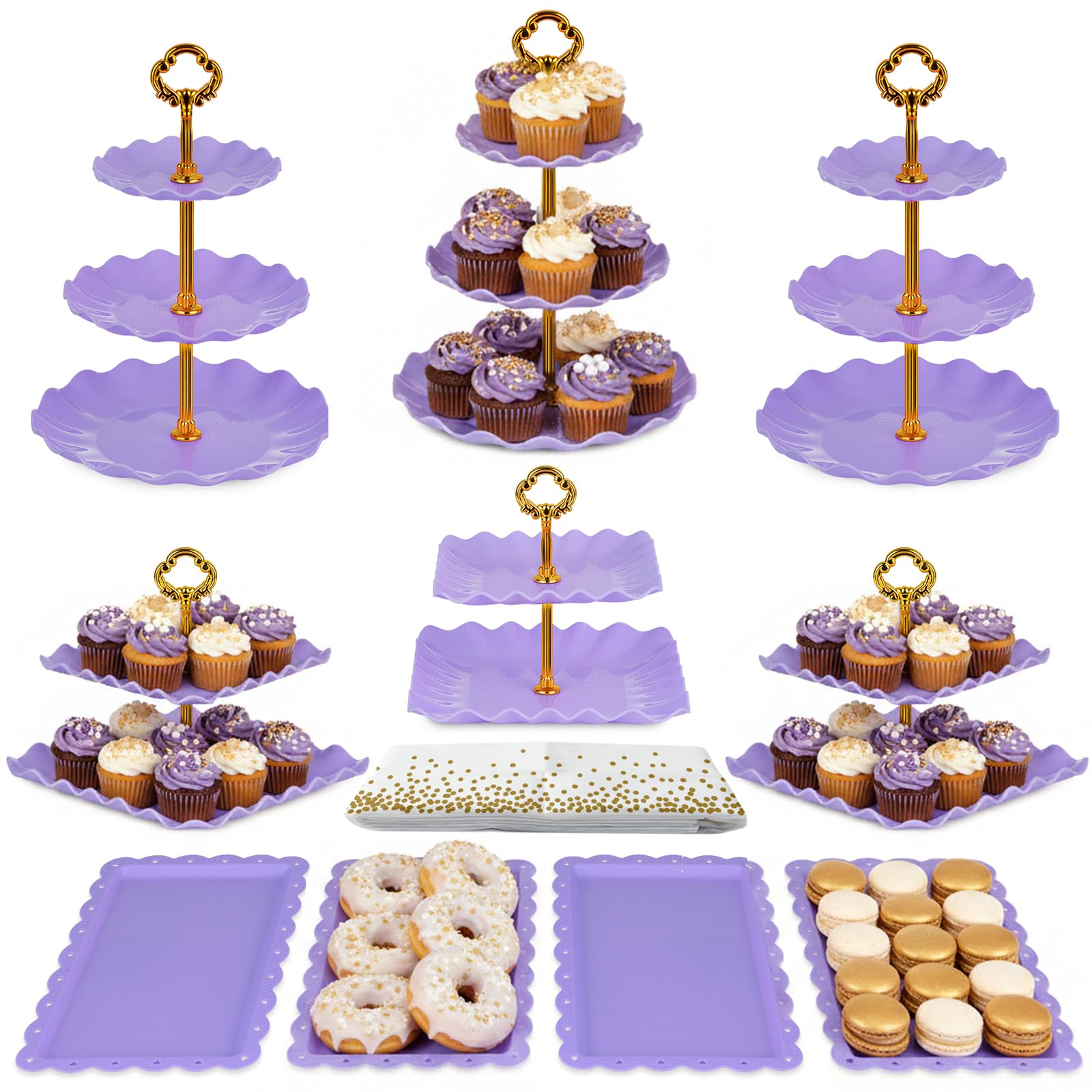 NWK - Paquete de 10 soportes para tartas, con 3 soportes para cupcakes de dos niveles + 3 soportes para cupcakes de tres niveles + 4 bandejas de aperitivos, perfecto para cumpleaños, bebé, boda