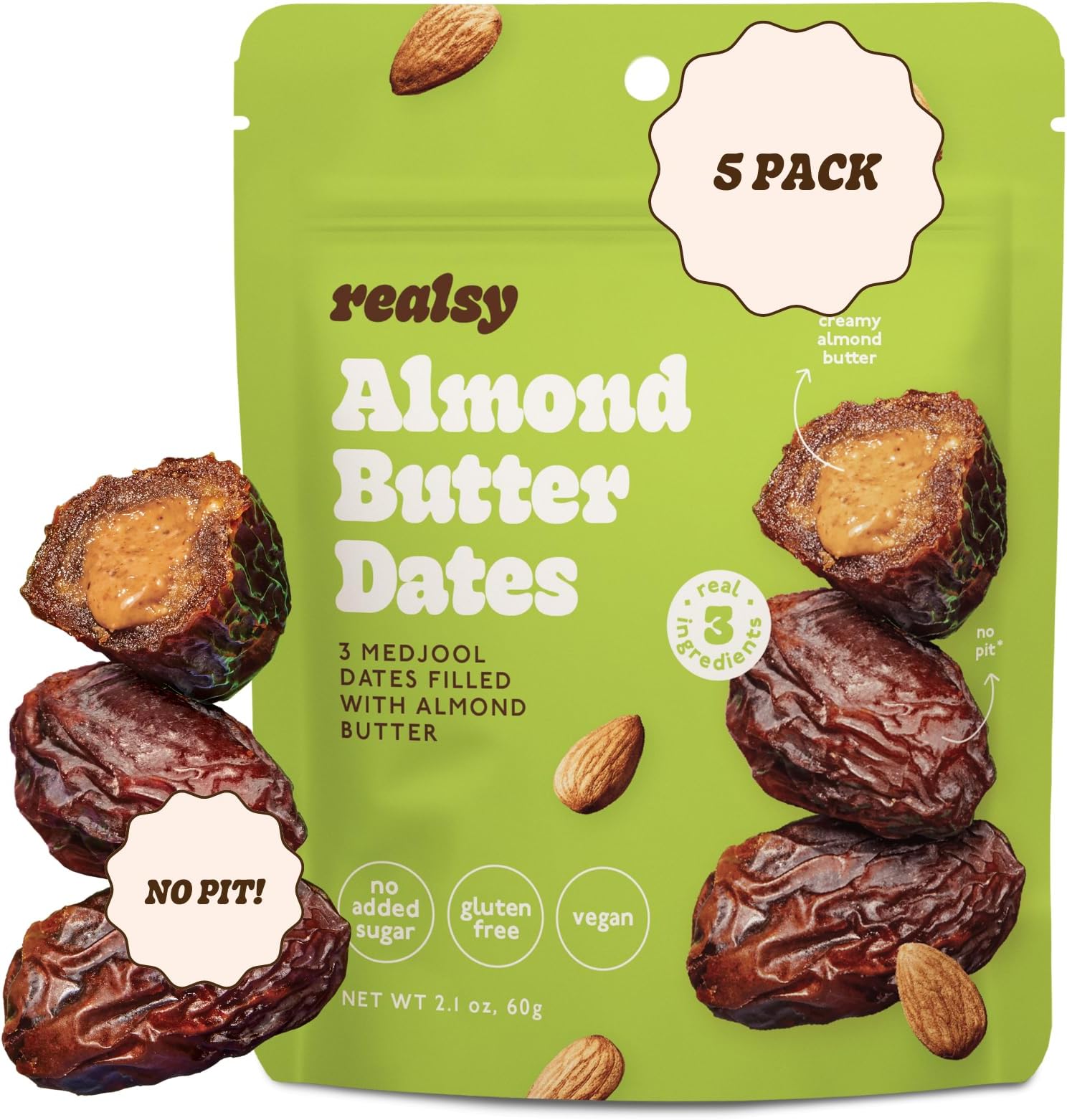 Realsy Pitted & Stuffed Medjool Dates, Organic Dates with No Sugar Added, Gluten-Free, Vegan, Good Source of Fiber, Low Glycemic Index, All Natural Healthy Snack (Almond Butter 5 Pack)