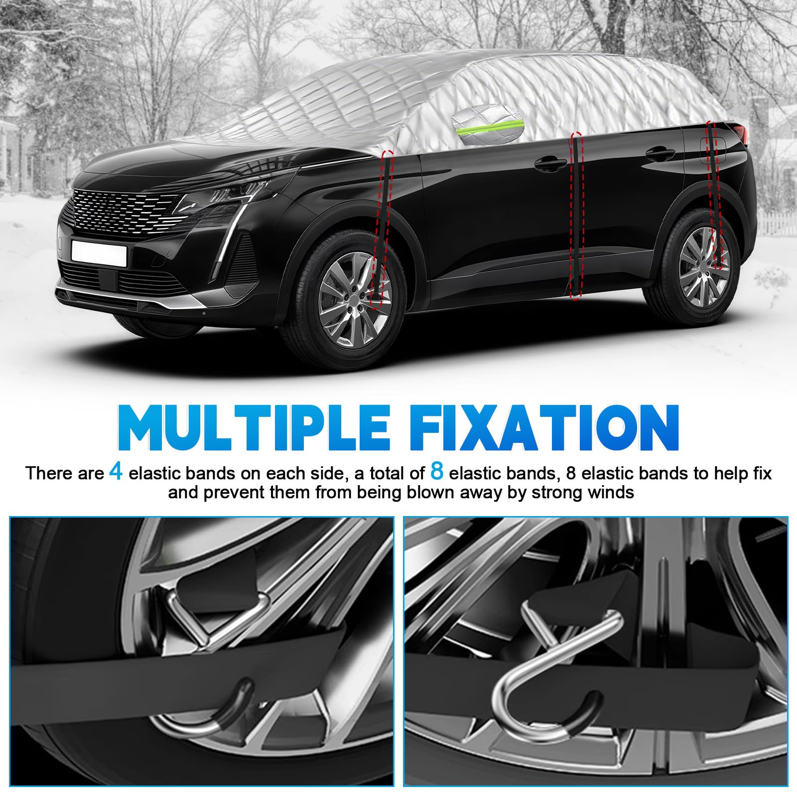 Funda de Coche Exterior Compatible con Peugeot 5008 T87 P87 2009-2025, 6 Capas Media Funda Coche con Ganchos, Tira Reflectante y Tapones para Orejas para Protección contra Hielo y Nieve
