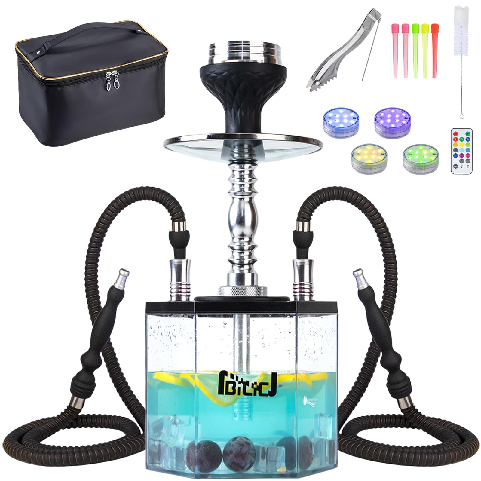 2 Hose Large Hookah Set – Premium Acrylic Shisha Hookah with Everything Included, Large Cloud Performance Magical Remote LED Lights & Travel Case Cleaning Brush for Ultimate Experience (Blue)