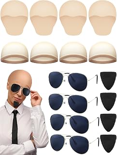 Mepase 24/16/4 PCS Latex Bald Caps Halloween Costumes for Women Men | Realistic Bald Head with Sunglasses Goatee, Rapper Hip Hop Cosplay Kit for Adults, Party Costume Accessories Makeup Dance Set