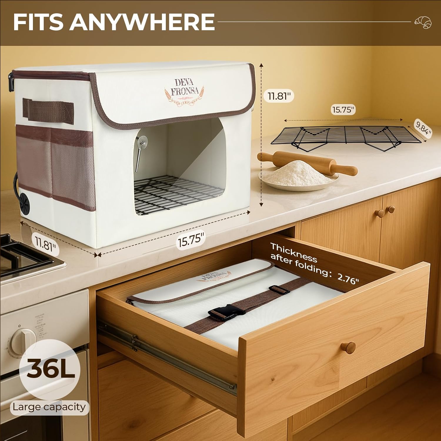 Foldable Bread Proofing Box‌ - 36L Large Dough Proofer with 3-Sided Heating, 24H Timer+Temp Control(50-113℉) with Front Window & Metal Rack for Sourdough, Yogurt & Bread Baking