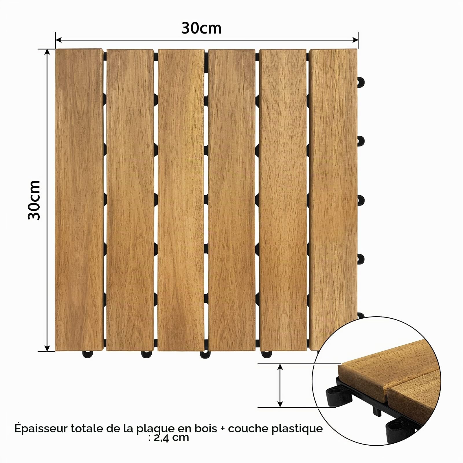 Froadp 30x30cm Carrelage en Bois d'acacia, Revêtement de sol Extérieur, Dalles Clipsable de Jardin, Caillebotis Plancher avec Plug-in Système pour Terrasse Jardin Balcon(22 pcs, Type A)