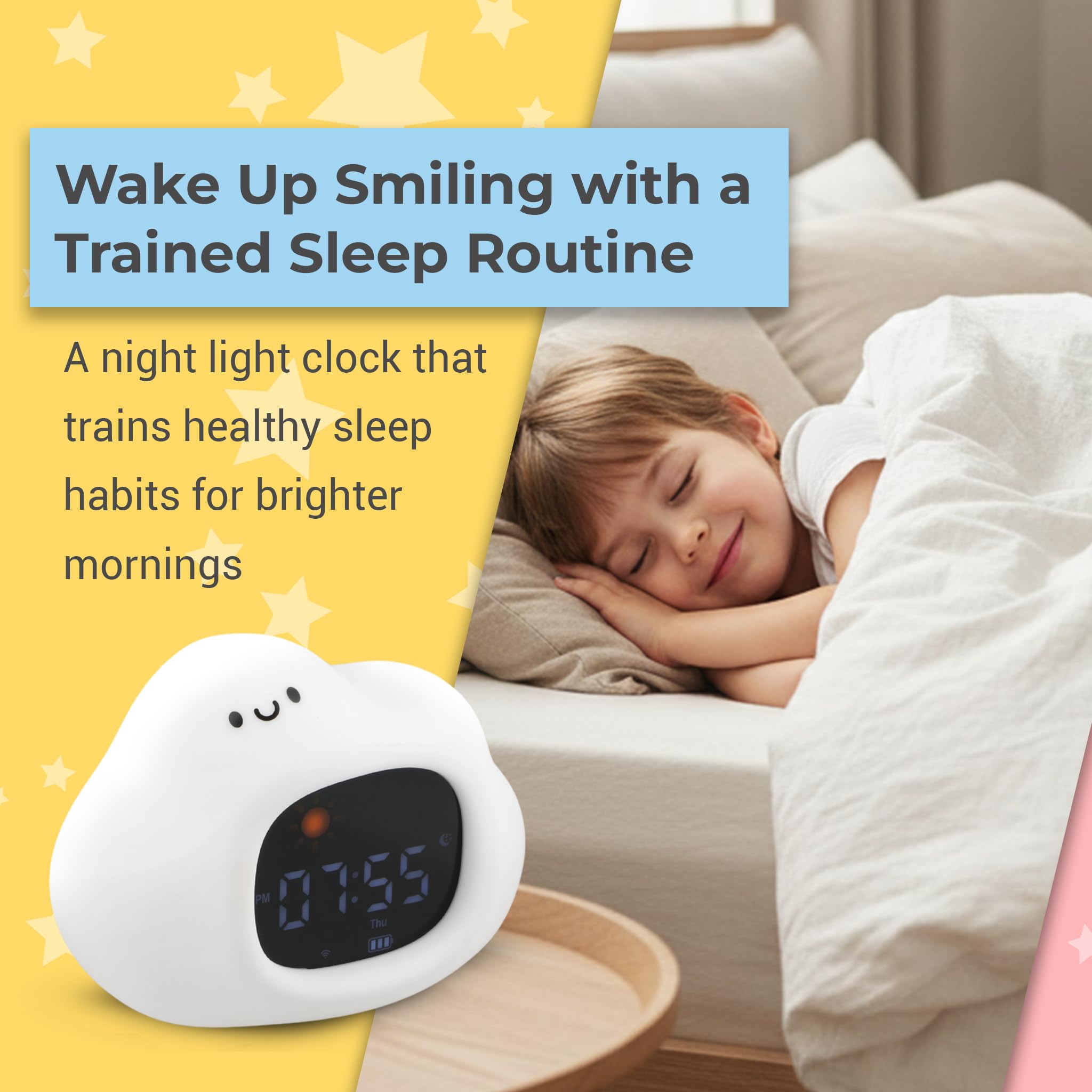 Bumble & Bright Wecker für Kinder mit App-Steuerung, niedlicher USB-C-Kabel für Kinder und Kleinkinder, mit 8 Nachtlicht-Farben und 6 beruhigenden Geräuschen (Hase) (Wolke)
