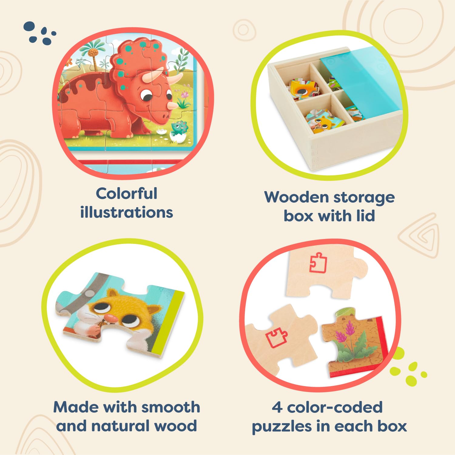B. toys - Pack o' Puzzles 2er-Pack - Haustiere & Dinos - Holzpuzzle-Box-Set - 2 Puzzle-Boxen, 8 Puzzles - 4 Dinos & 4 Haustiere - 12-Teile-Puzzle für Kinder - 3 Jahre +