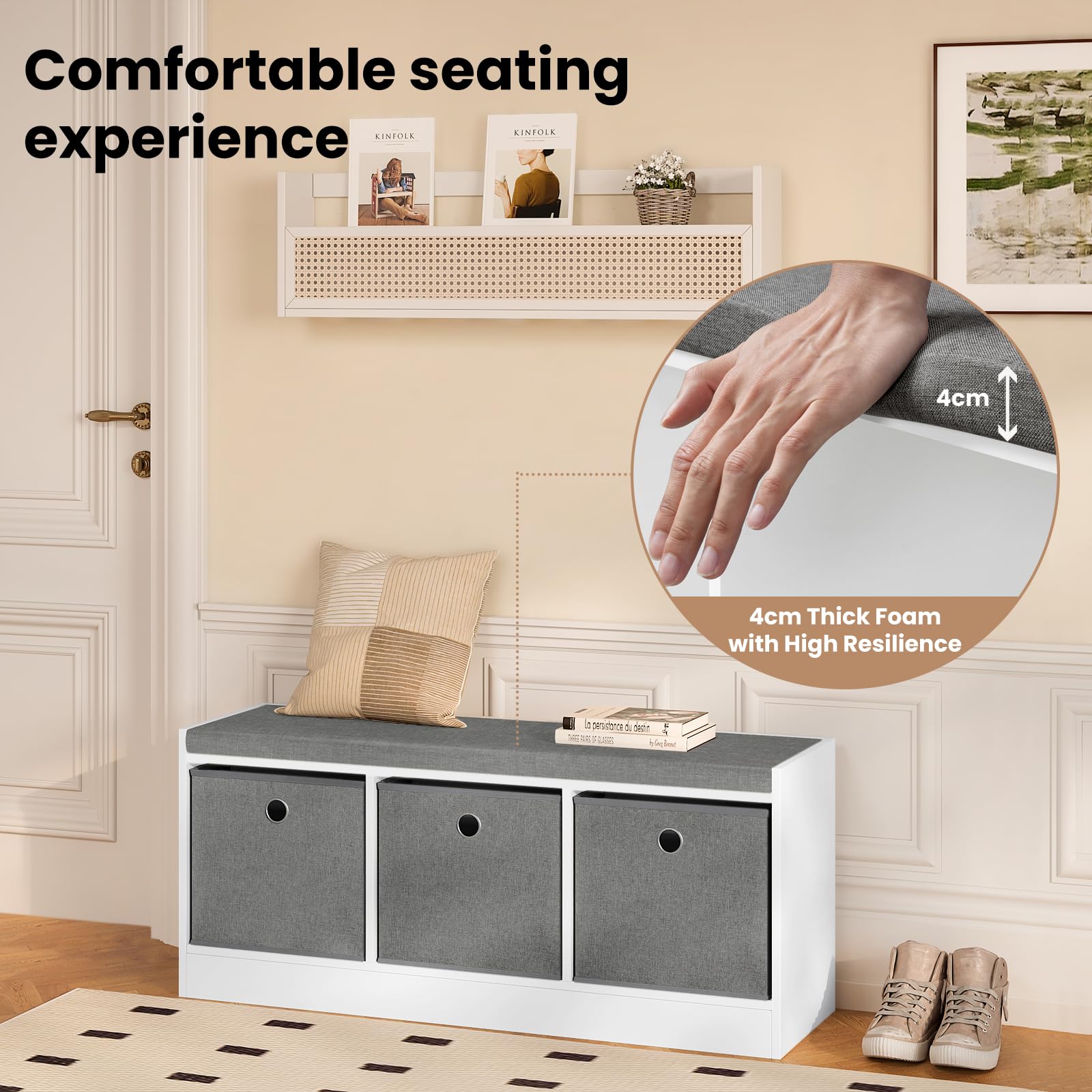 WOLTU Banco de Almacenaje, Baúl de Almacenaje con 3 Cajones de Tela, Banco Zapatero con Asiento Acolchado, Puff para Salon y Recibidor, Blanco+Gris