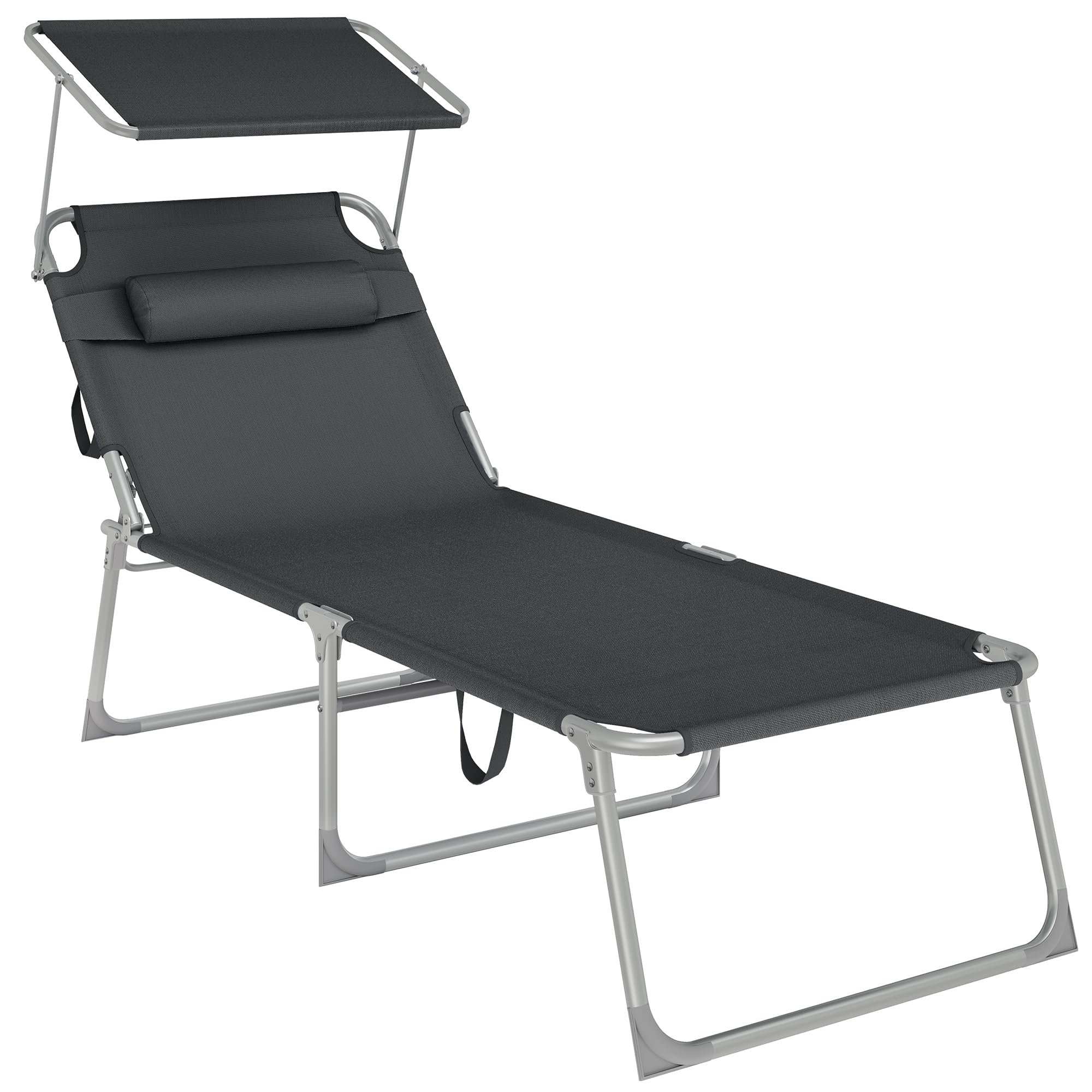 SONGMICS Bain de Soleil Grand, Chaise Longue Pliable, Transat, 71 x 200 x 38 cm, Capacité de Charge 150 kg, avec Pare-Soleil, Dossier Inclinable, pour Jardin, Piscine, Terrasse, Gris Foncé GCB22GYV2