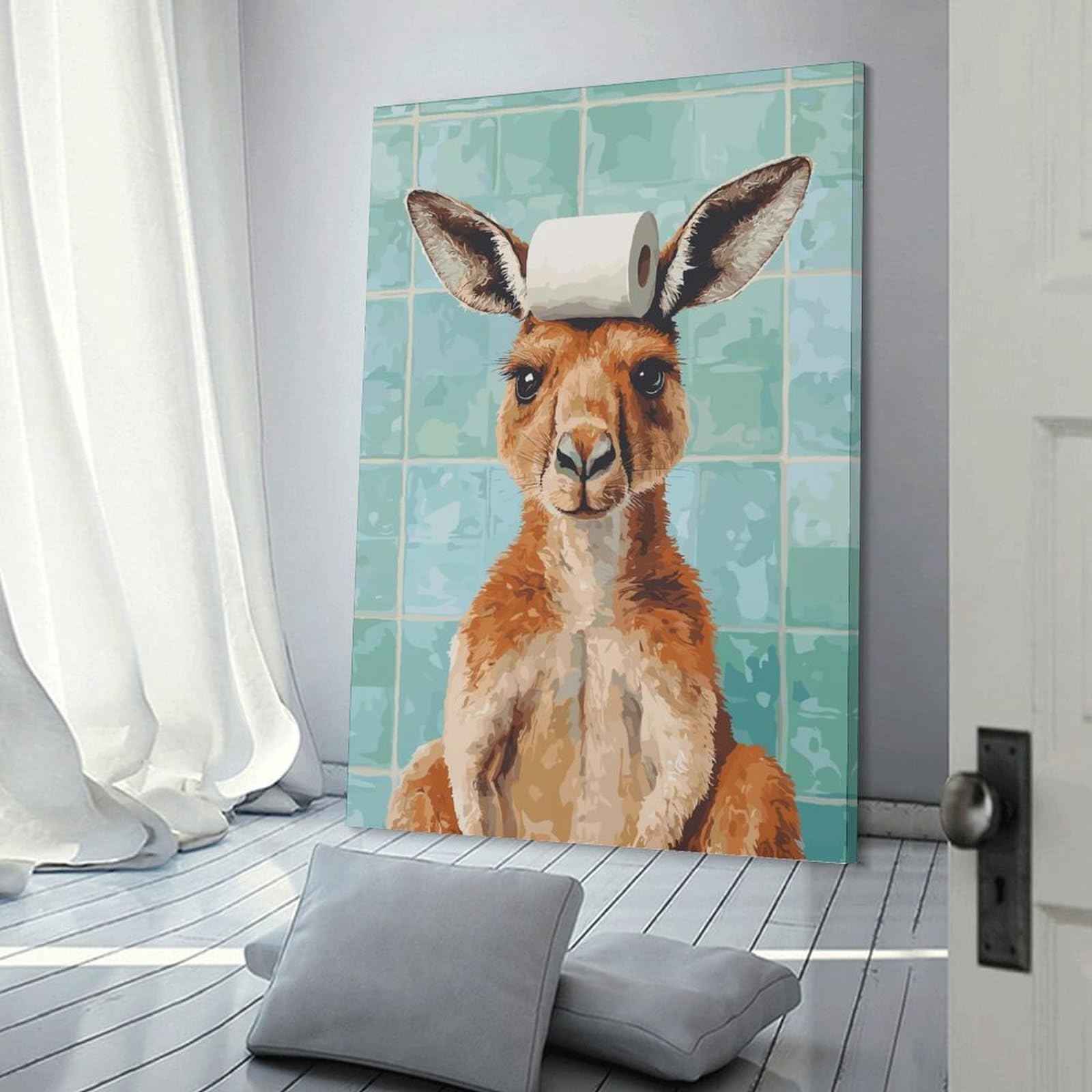Junmoney Frame-Style-9 Kangaroo With Toilet Paper On Head Wall Decor Canvas Print, 24X36inch(60X90cm), For Lounge, Bedroom Or Personal Spaces, Thoughtful Wall Decor For Art Lovers