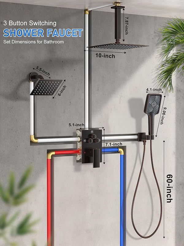 Shower Faucet Set, 10" Ceiling Mount Rainfall Shower System with 2 Rain Shower Head and Multi-function Handheld Head Push Button Diverter Shower Faucet Trim Kit by Woindo - Used condition - Image 7