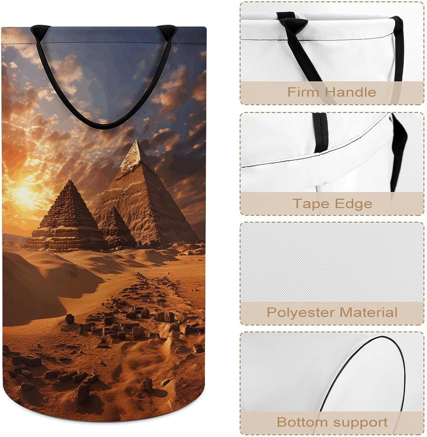 Egyptian Pyramids Laundry Hamper with Handles Waterproof Collapsible Laundry Basket Large Lightweight Round Dirty Clothes Hamper for Home Dorm Bathroom Decor