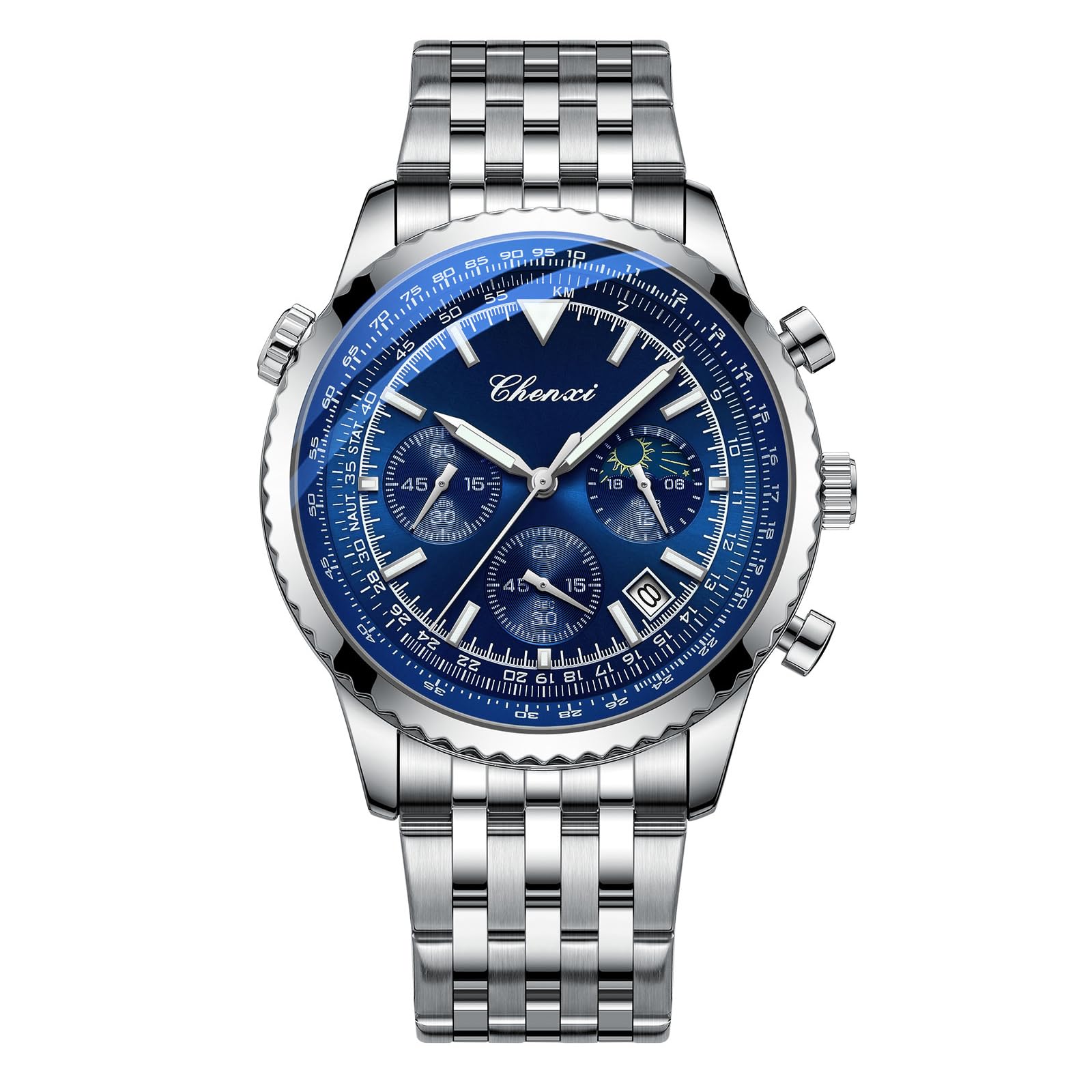 OIDEA Montre chronographe pour homme en acier inoxydable : cadran bleu montre homme analogique quartz aiguilles lumineuses multi cadran avec échelle horaire date classique cadeau élégant pour homme
