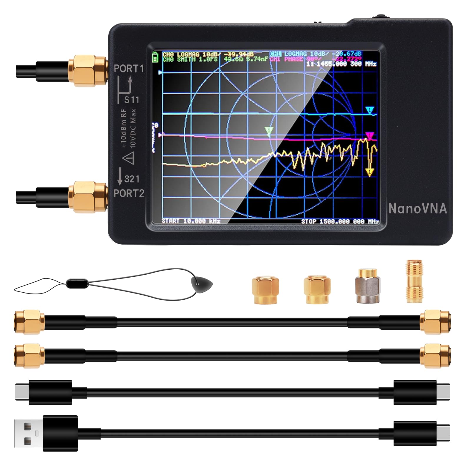 NanoVNA-H Antenna Analyzer 10 kHz -1.5 GHz Vector Network Analyzer Set 2.8 Inch Display Touch Screen HF VHF UHF For measuring S-parameters, voltage standing wave ratio, phase, delay, Smith chart