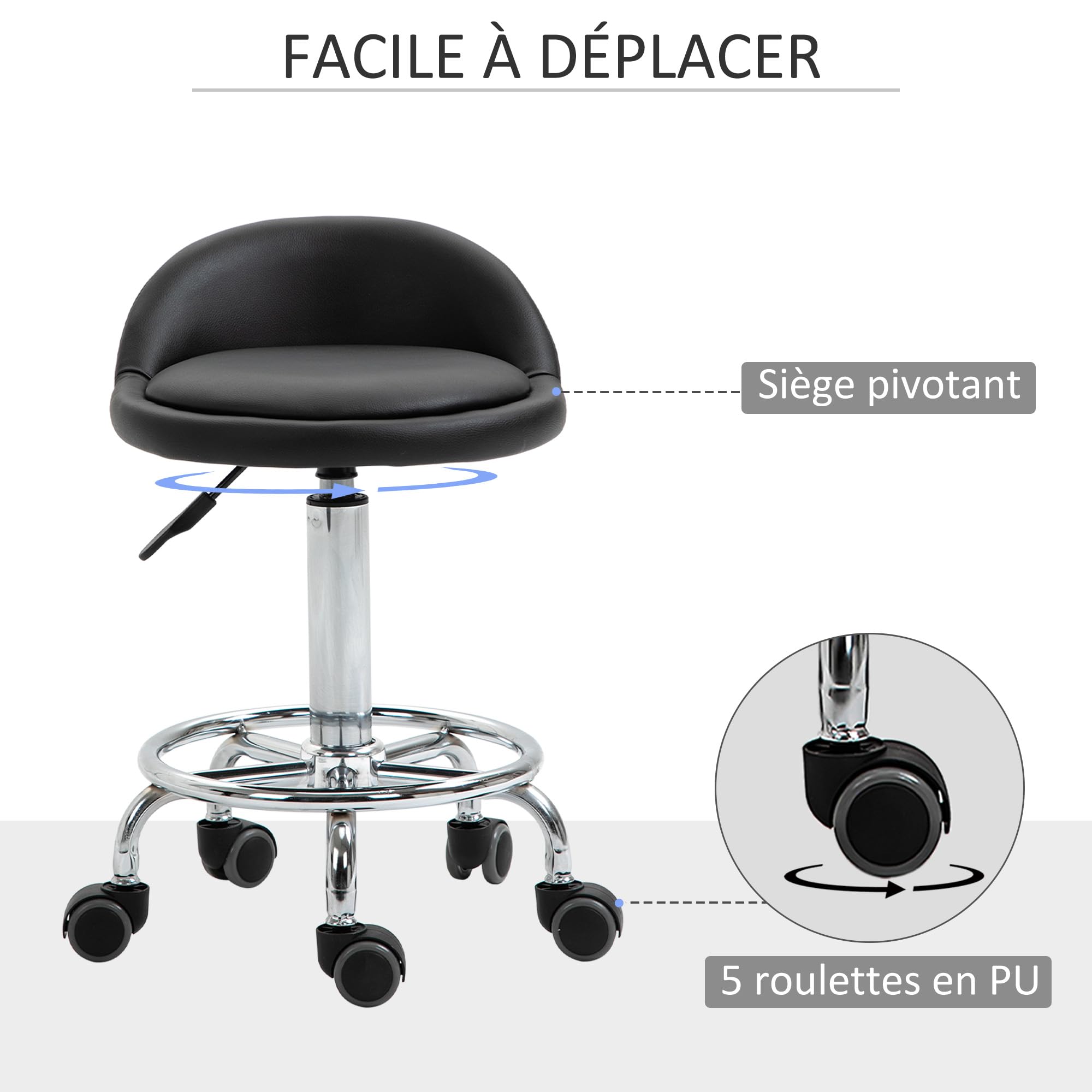 HOMCOM Lot de 2 tabourets à Roulette pivotants 360°, Dossier, Noir | Assise réglable 47-62H cm, revêtement synthétique, acier chromé