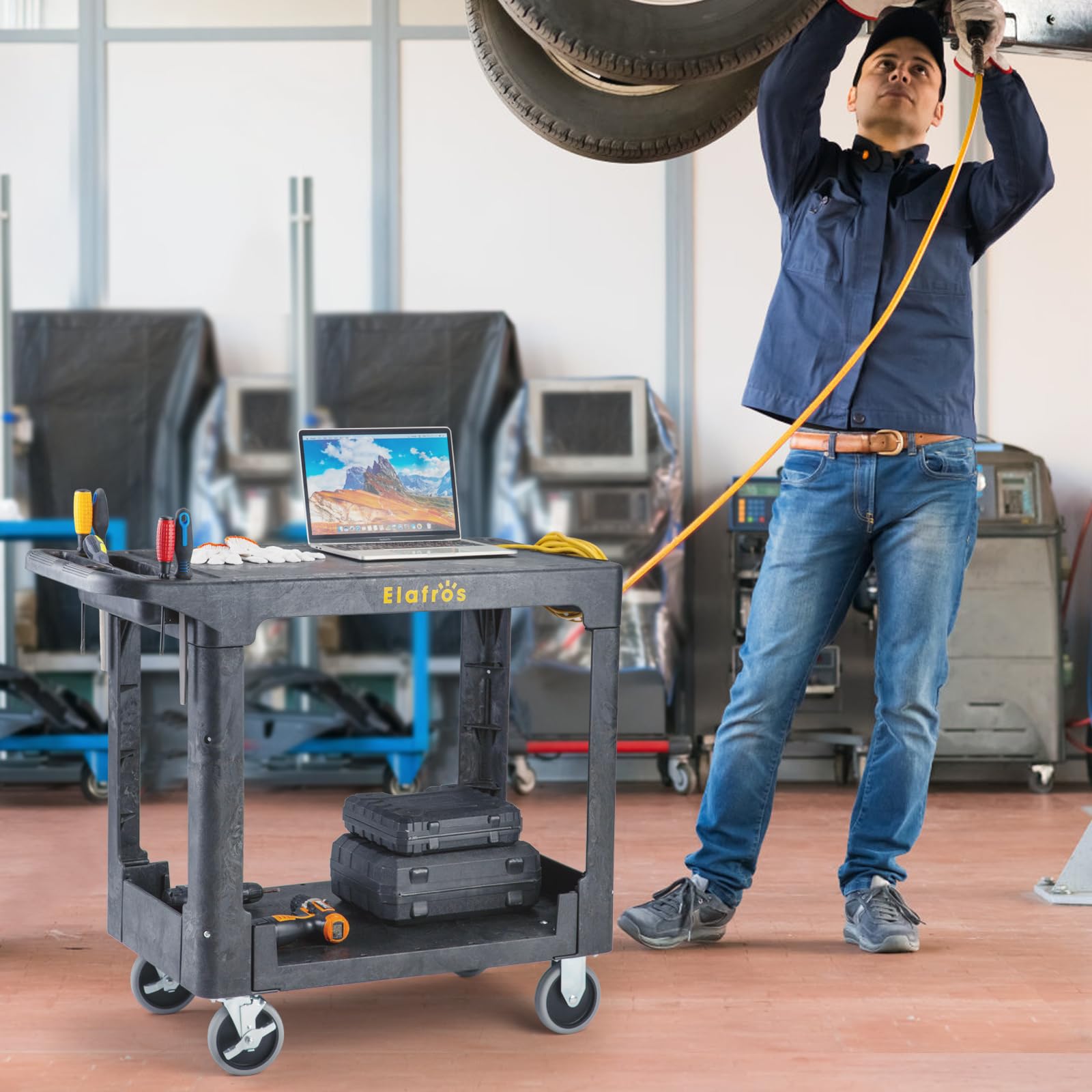 Snapklik.co : ELAFROS Large Heavy Duty Plastic Utility Cart Flat Top 42.5 X 25 Inch - Work Cart