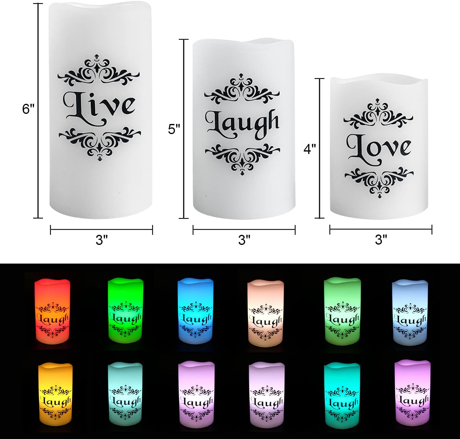 DRomance Color Changing Flameless Candles Battery Operated with 18-Key Remote Timer, 3 Pack Real Wax Live Love Laugh Decal Flickering LED Pillar Candles Wedding Holiday Decor(3" x 4", 5", 6")