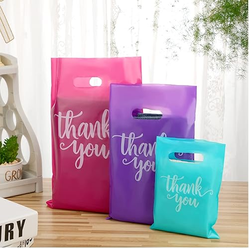 Miniatura 4 de Eersida 200 bolsas de plástico con asas de agradecimiento troqueladas, bolsas de plástico para mercancías para compras, paquete de compras al por