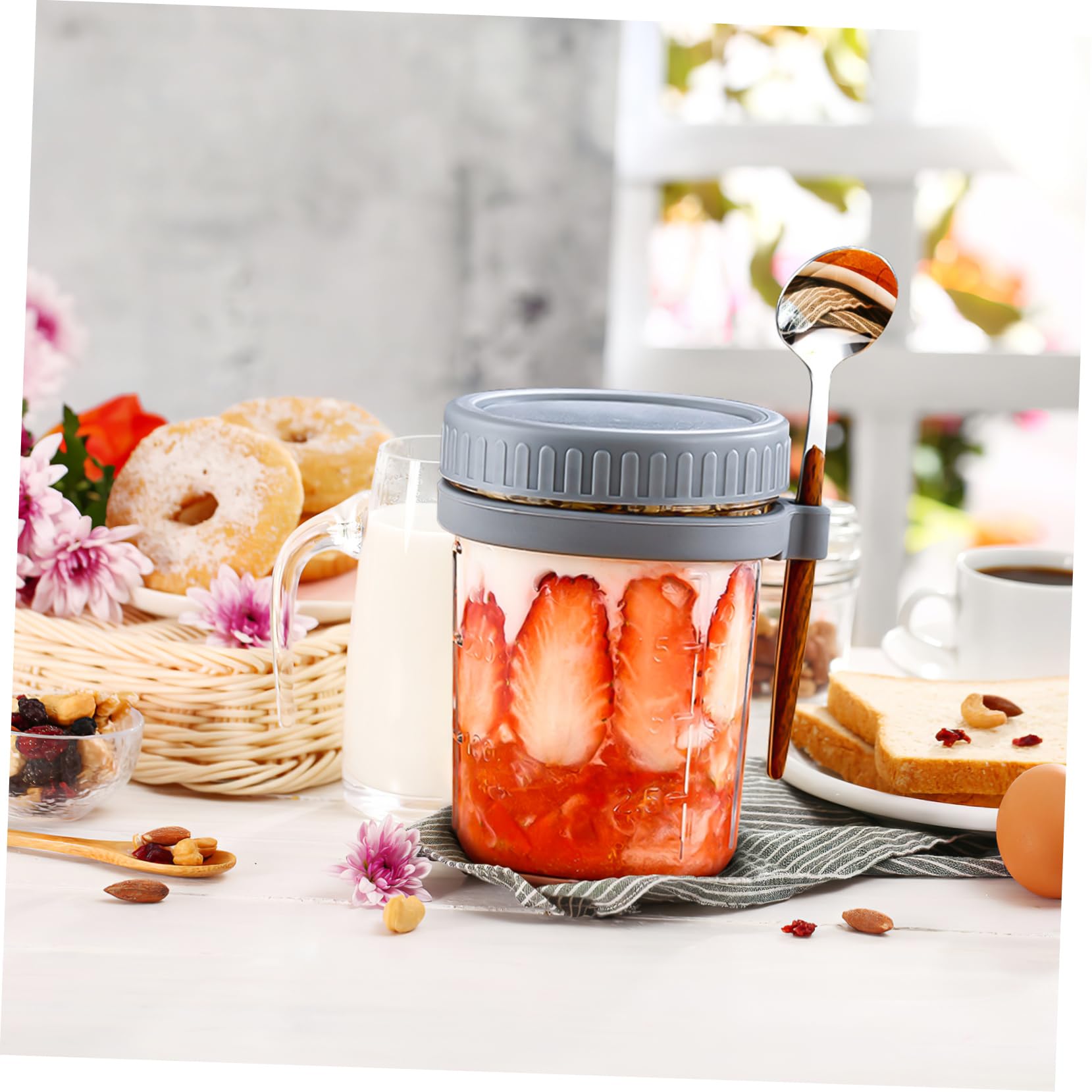 OUNONA 4 Stück Vorratsdose Glas mit Holzdeckel Overnight Oats Behälter 400ml Glas mit Löffel für Dorm und Büro