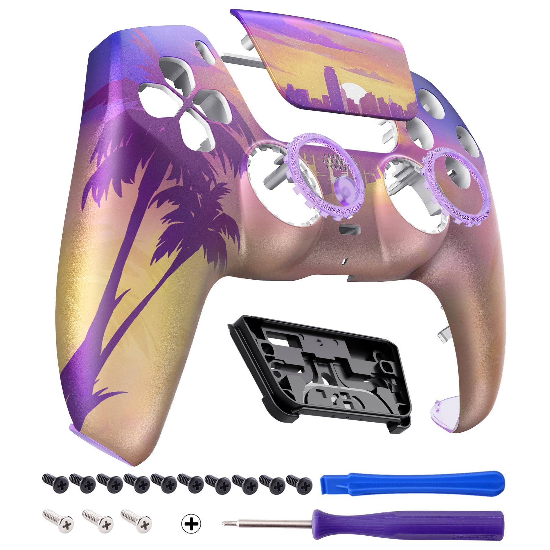 eXtremeRate Luna Coque de Remplacement pour ps5 Manette BDM-010/020/030/040/050/060, Façade Redessinée avec Pavé Tactile - Neon Miami