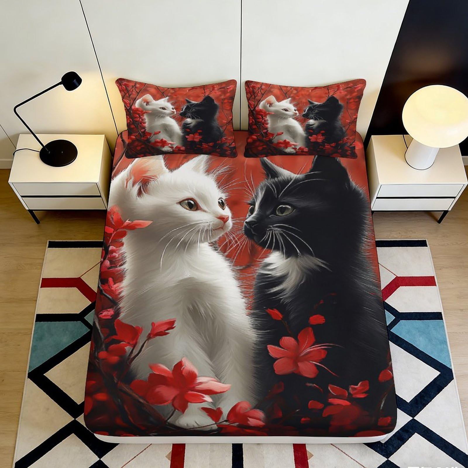 3D Printed Cat Lovers Fitted Sheet Microfiber Soft Decor Black White Kitty Mattress Cover Bedroom Dorm 90x200x25cm