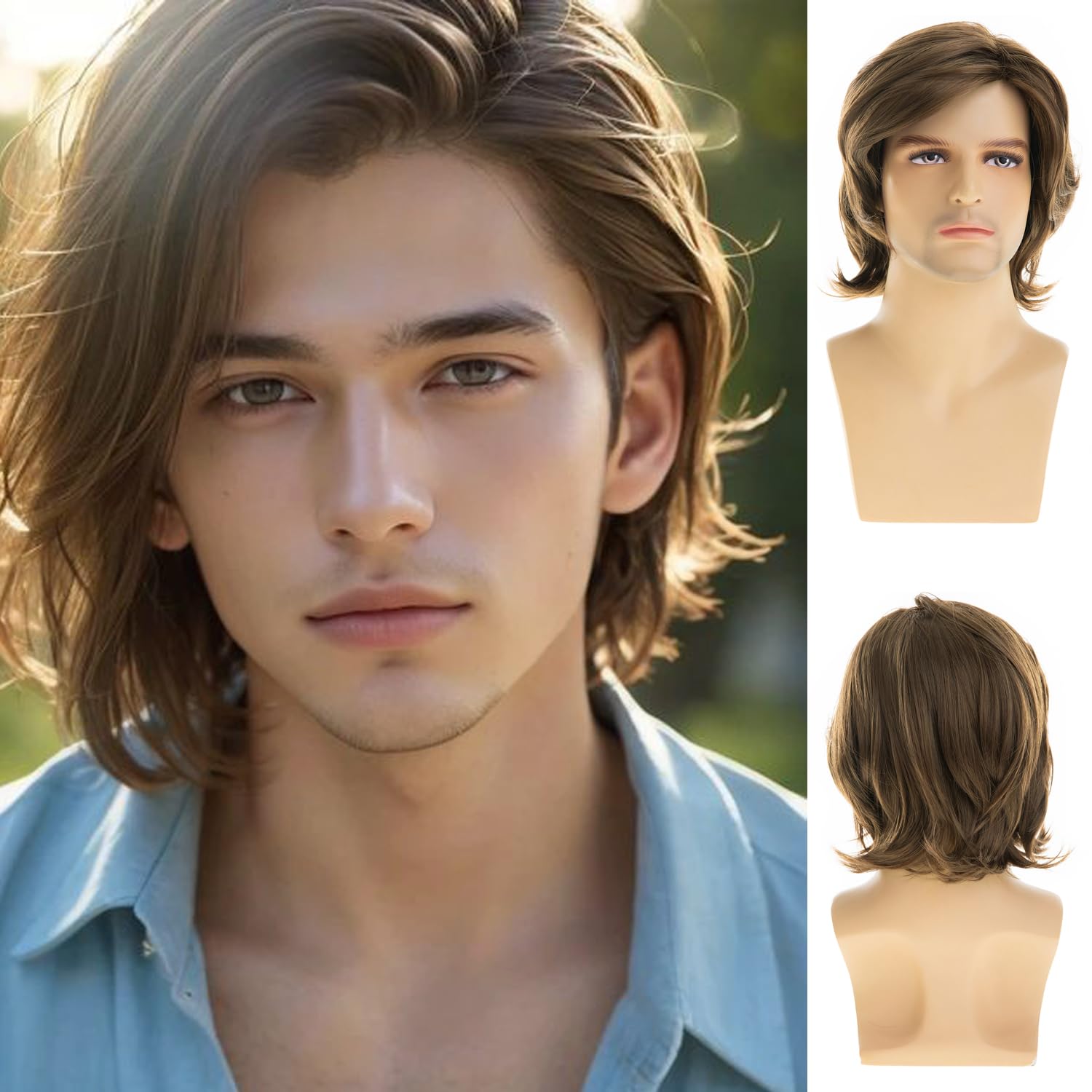 Dsimeig Short Straight Brown Wigs for Men Natural Synthetic Side Part Heat Resistant Halloween Cosplay, Brown3, 9 inches x 2 inches