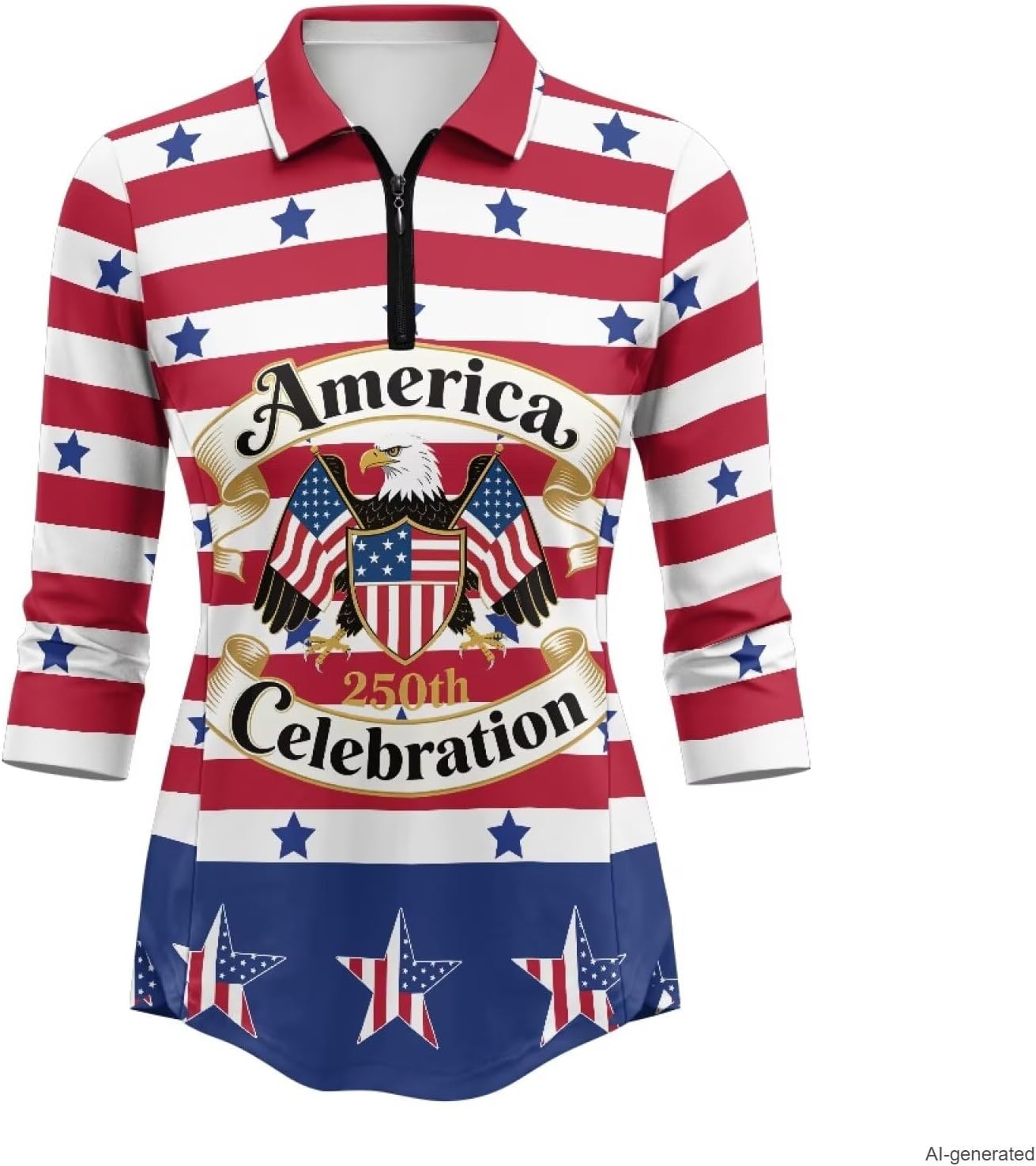 America 250 Years Women's 3/4 Long Sleeve Golf Shirts Zip Collared Tennis Polo Workout Tops Active Running Hiking Pullover Patriotic Tshirt 4th of July Outfits USA 250th Anniversary