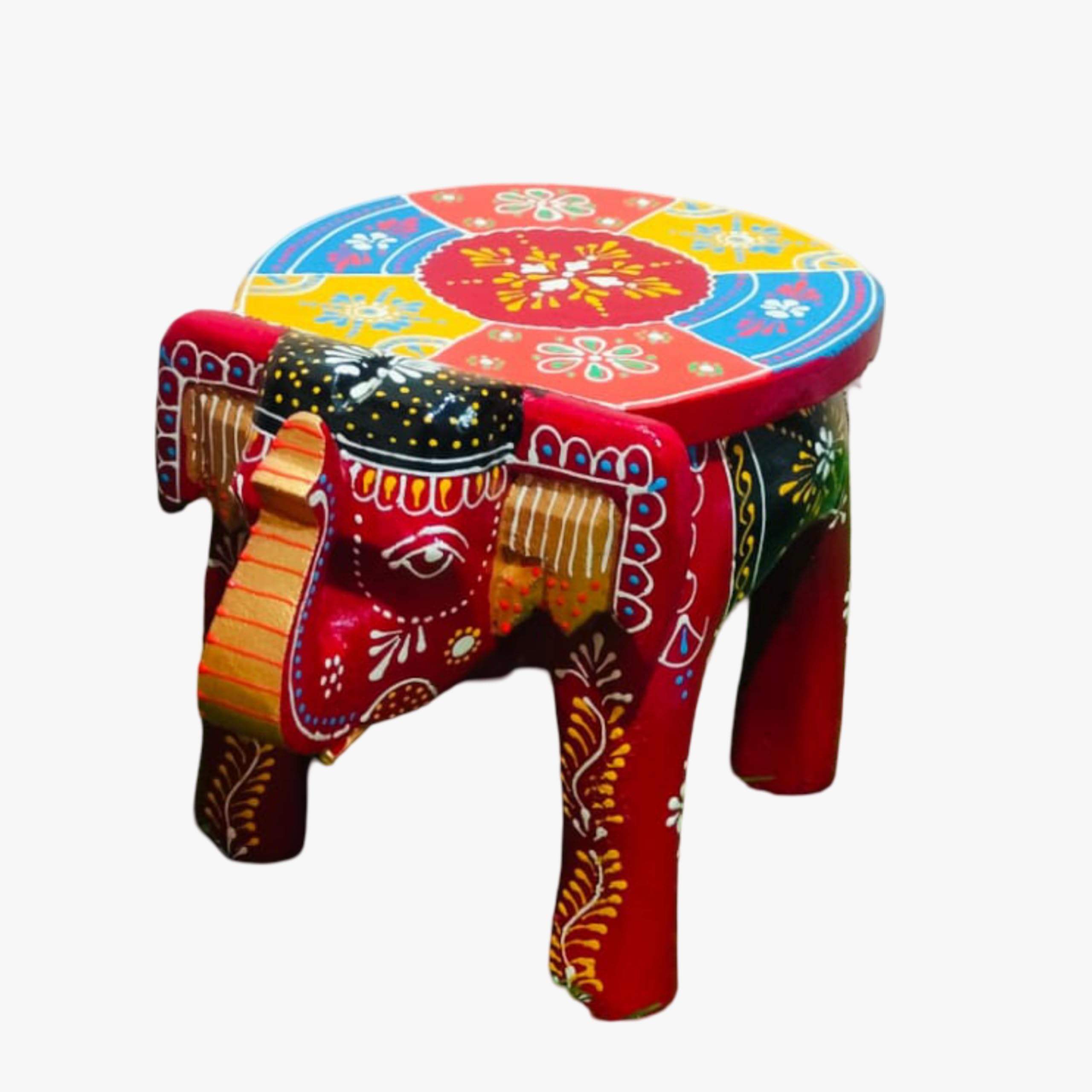 Handcrafted Colorful Emboss-Painted Wooden Elephant Stool | Decorative Garden Table & Showpiece (8 Inch, Red)-image-9