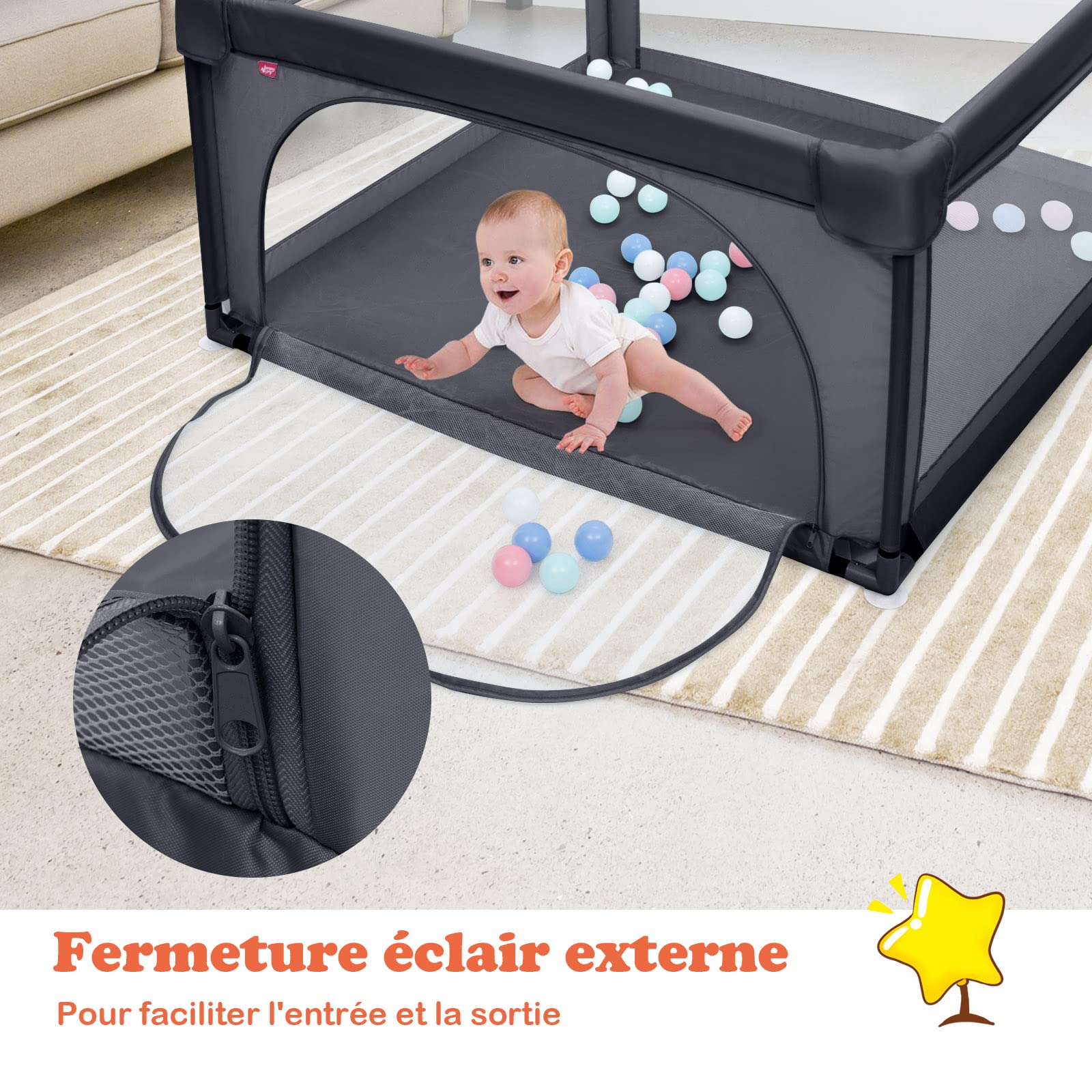 GOPLUS Parque Infantil Bebe, Baby Playpen, Corrales para Bebes, Centro de Actividades Interior para Niños, con Malla, Bolas, Bebé de 10 Meses a 6 Años, Interior y Exterior, 120 x 120 x 68 cm, Gris