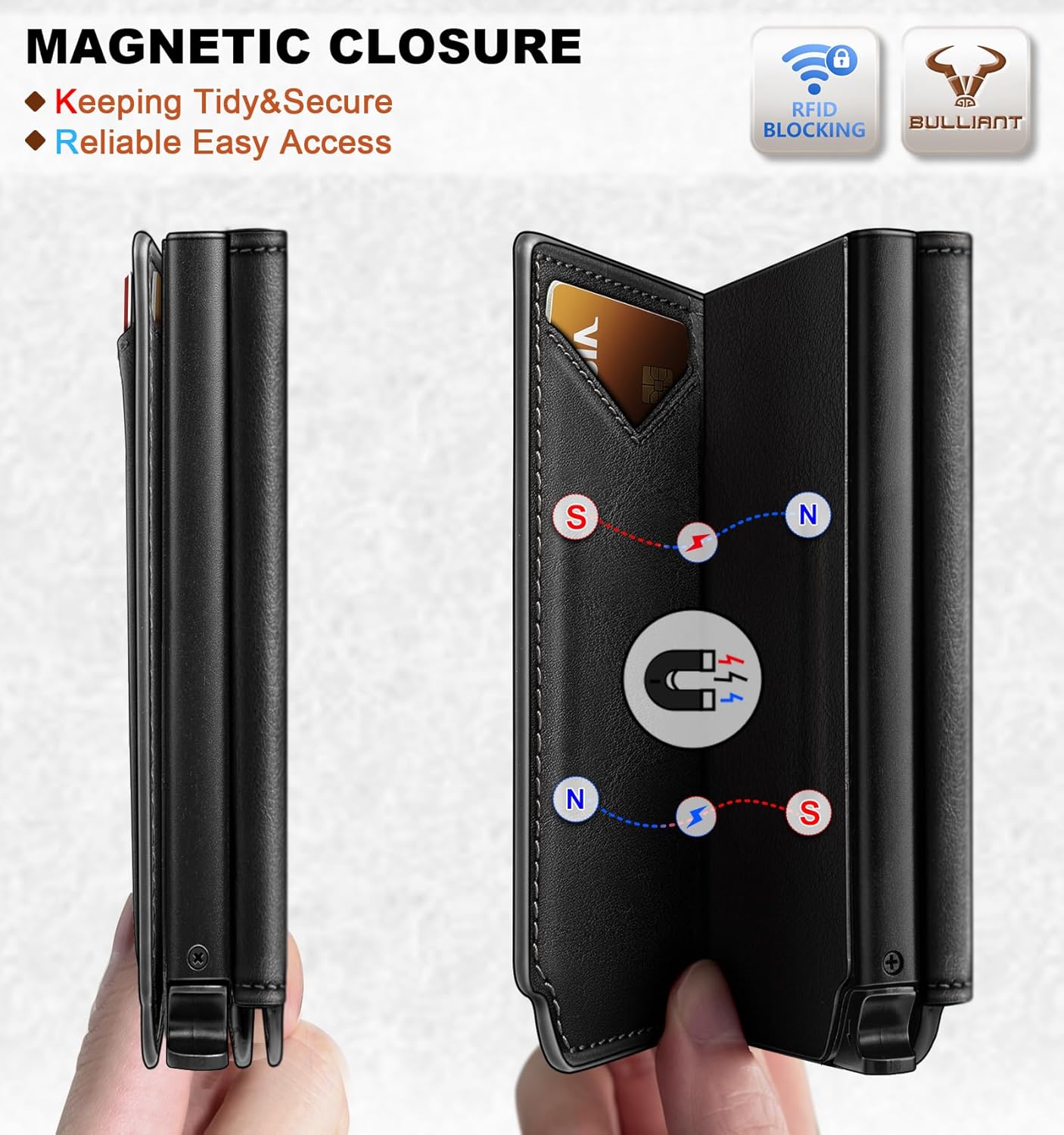 BULLIANT Men Wallet Leather Wallet Card Holders Money Clip for Men 10Cards-Magnetic Flip on Metal Case Black8017 Leather image 3 of 6 B0F9P9HYTZ