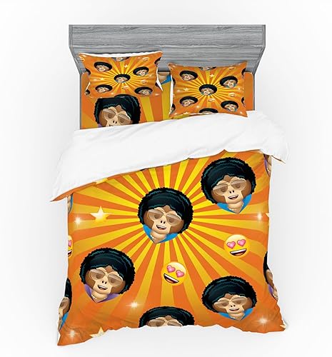 Ambesonne Emoji Duvet Cover Set, Cheery Disco Lover Monkey in Funny Retro Clothes 80s 70s Style Sunburst, 4 Piece Bedding Set with Shams and Fitted