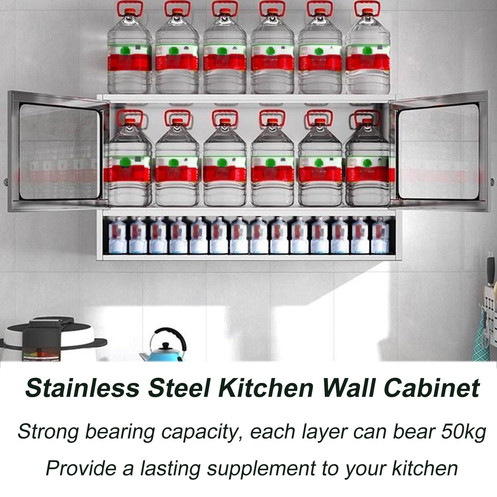 Armadietto da cucina in acciaio inox, resistente, con doppia anta, salvaspazio, con mensola da parete per nization e facile accesso (80 x 30 x 70 cm)