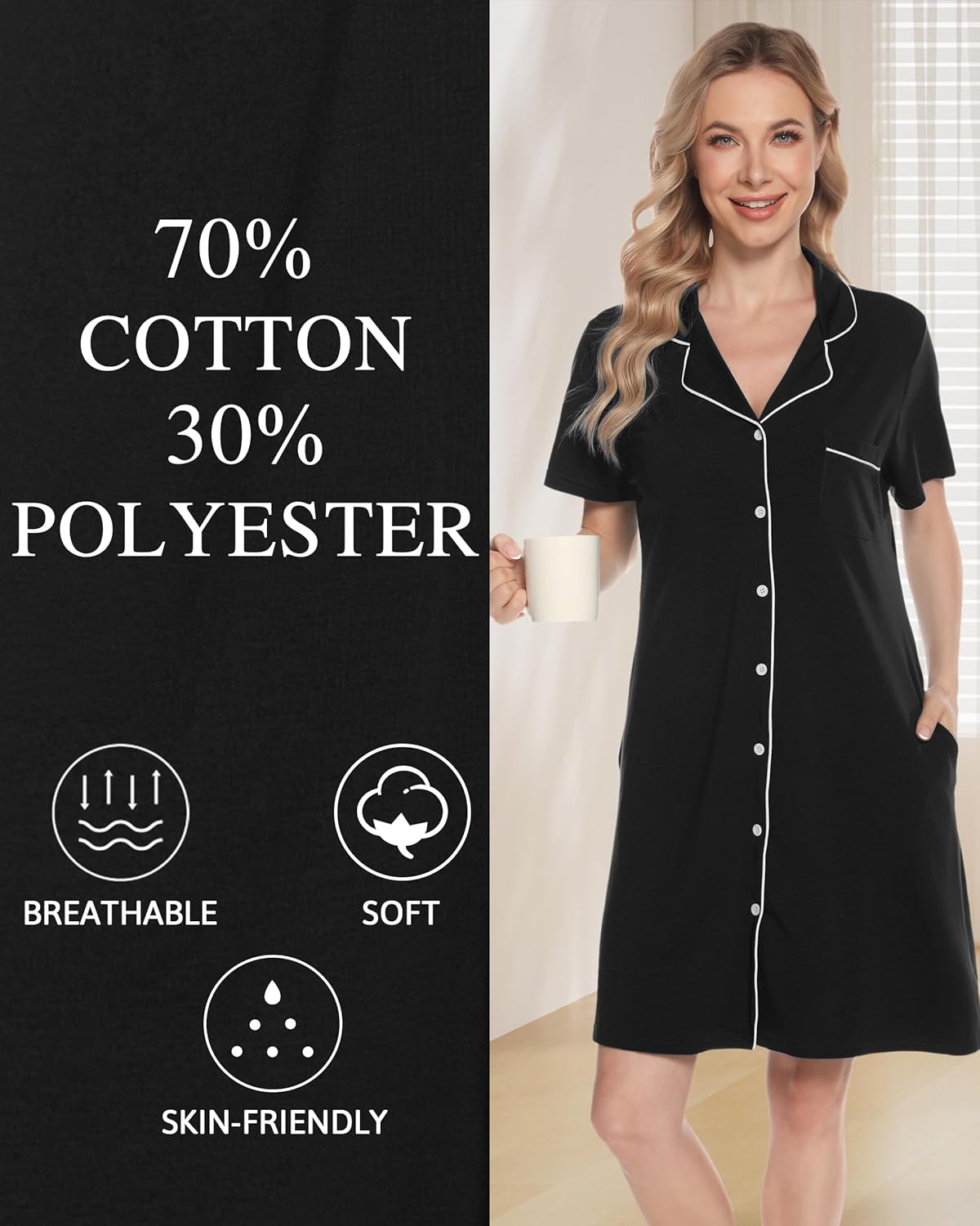 Vlazom Women's Nightgowns Short Sleeve Sleep Shirts Nightshirt V Neck Button Down Pajama Sleepwear S-XXL - Image 3