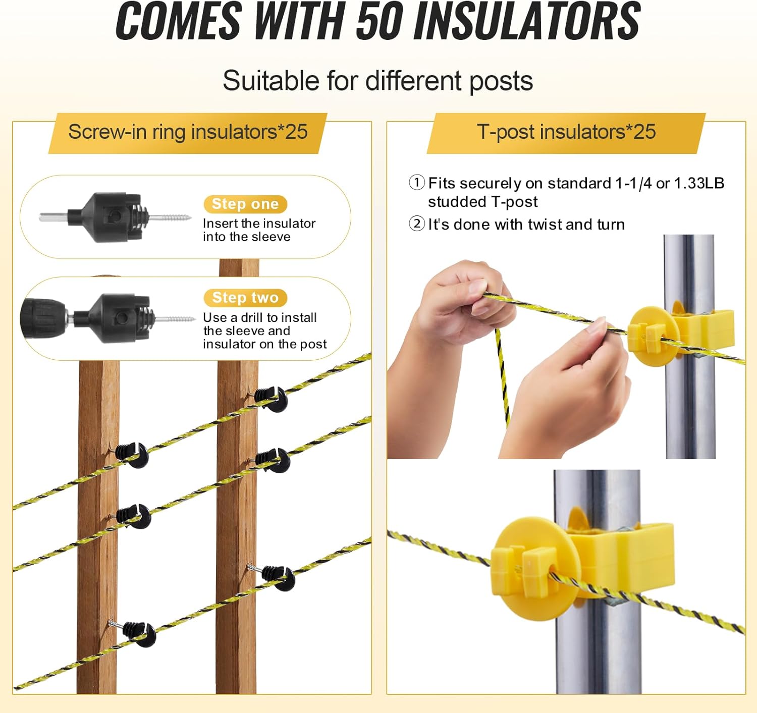VEVOR Electric Fence Wire, 1640Ft 500M Portable Polywire, 1/8" Diameter 6 Stainless Steel Strands, Fencing Rope Line with 25 Fence Insulators and 25 T-Post Insulators, for Horse, Cattle, Livestock