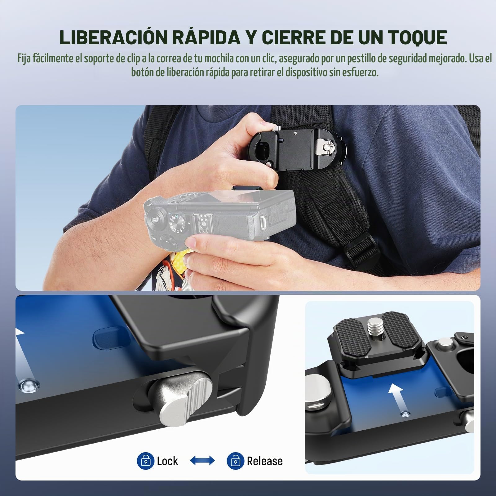 NEEWER Clip de Cámara Mochila con Placa QR Cuadrada, Pestillo Seguridad Mejorado, Clip Cinturón Cámara Liberación Rápida, Correa Mochila Compatible con Peak Design PD QR Canon Nikon Sony DSLR, GP67