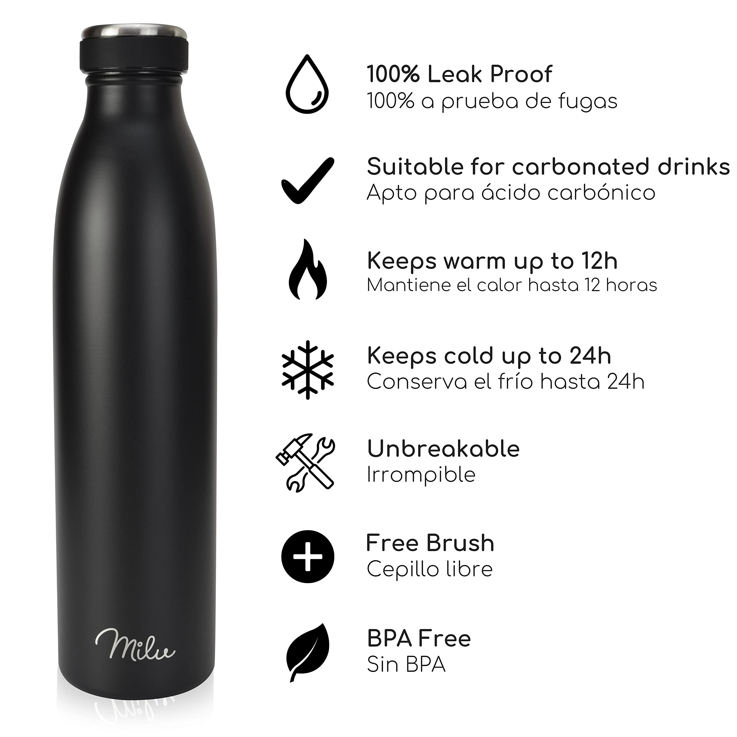 Milu Botella de acero inoxidable de 350ml 500ml 750 ml 1 L 1,5 L botella de agua aislada, termo a prueba de fugas, doble pared, apta para ácido carbónico + cepillo de limpieza (Azul Violeta, 350ml) — view 122