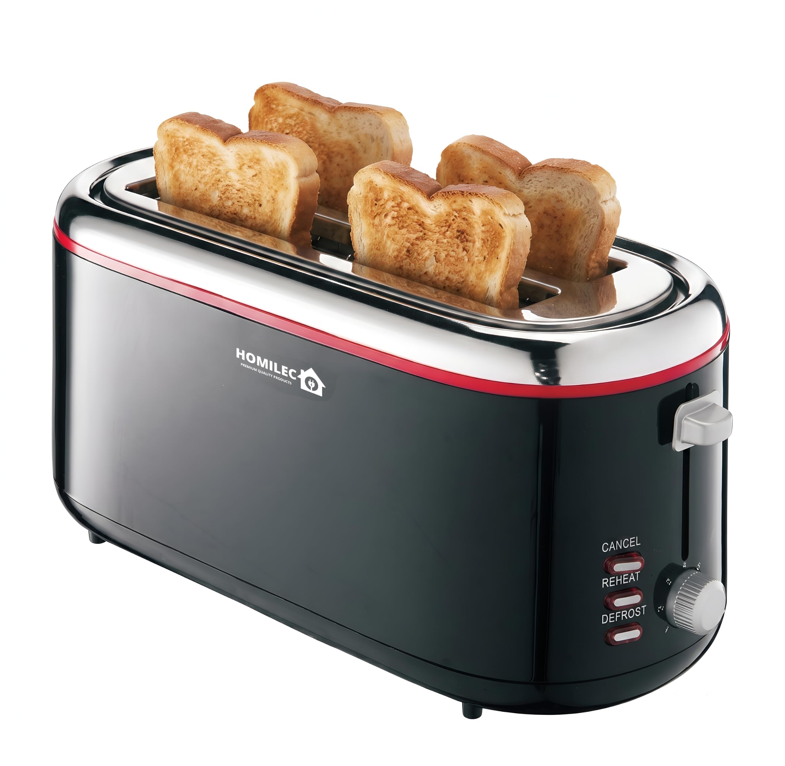 HOMILEC 4 Slice Toaster Black - Extra Wide Long Slots for Breads, Crumpets and Bagels, Reheat and Defrost with 5 Level Browning Control