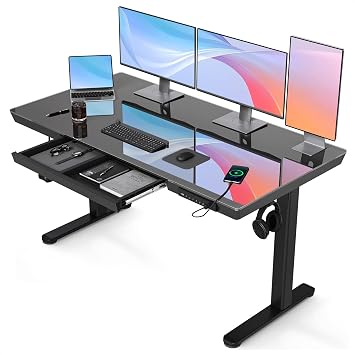 Claiks Glass Standing Desk with Drawers, 55 Inch Adjustable Stand Up Desk, Quick Install Home Office Computer Desk with USB Ports, Black