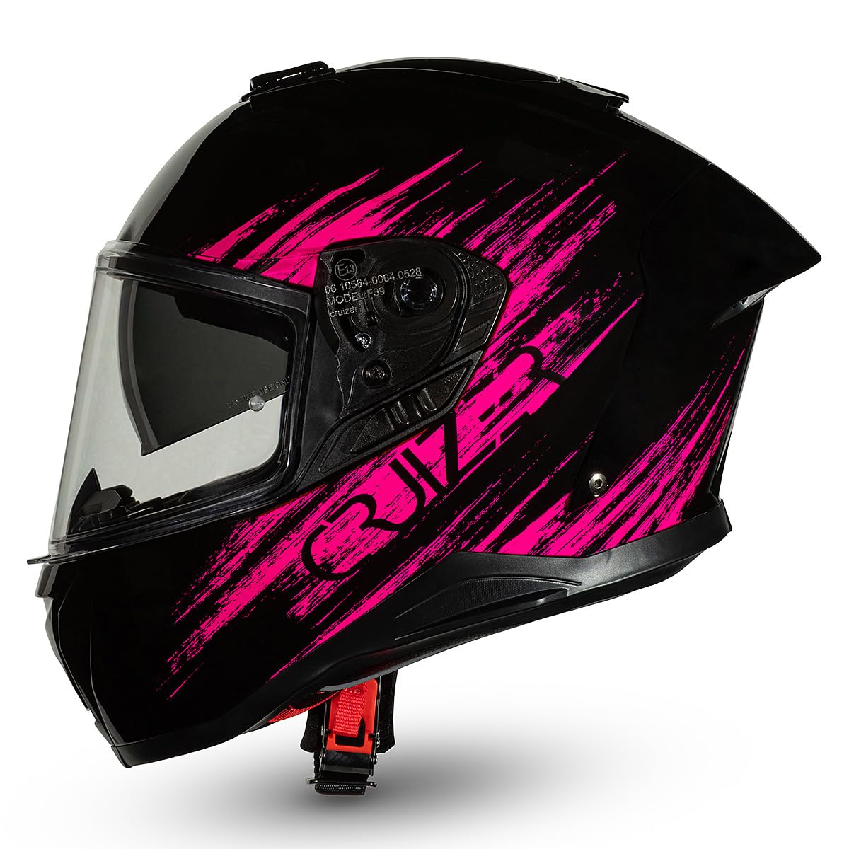 CRUIZER Casco moto Integrale Omologato Nero Fuxia Lucido con visiera trasparente , visiera sole a scomparsa, visiera rosa specchiata