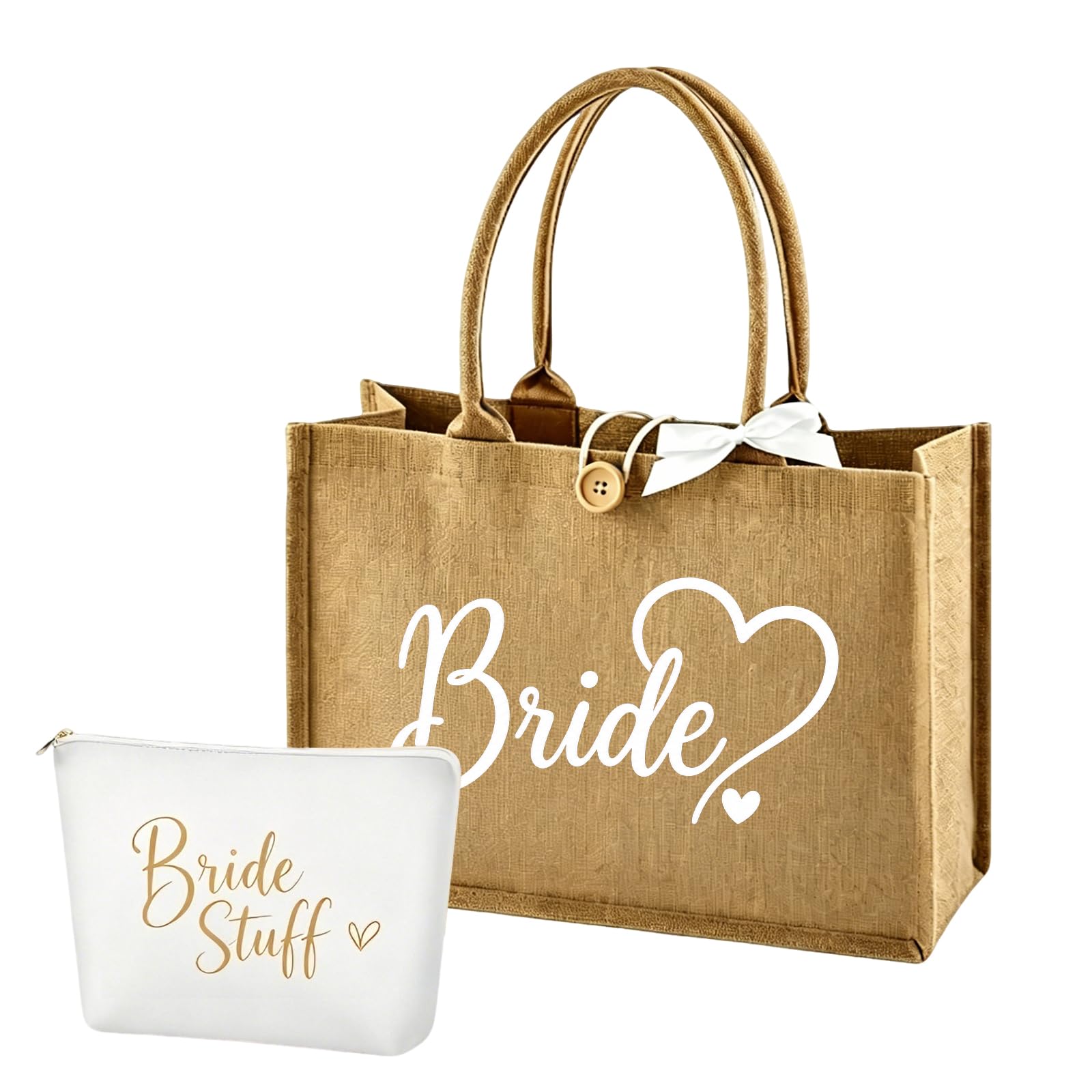 PUQGAOIP Bride Gift Bag, 3 Pcs Set with Jute Bride Bag with Makeup Pouch and Bow, Bride to Be Gifts for Hen Party, Bridal Shower Gifts for Bride,Travel Beach Shopping Handbag for Bride
