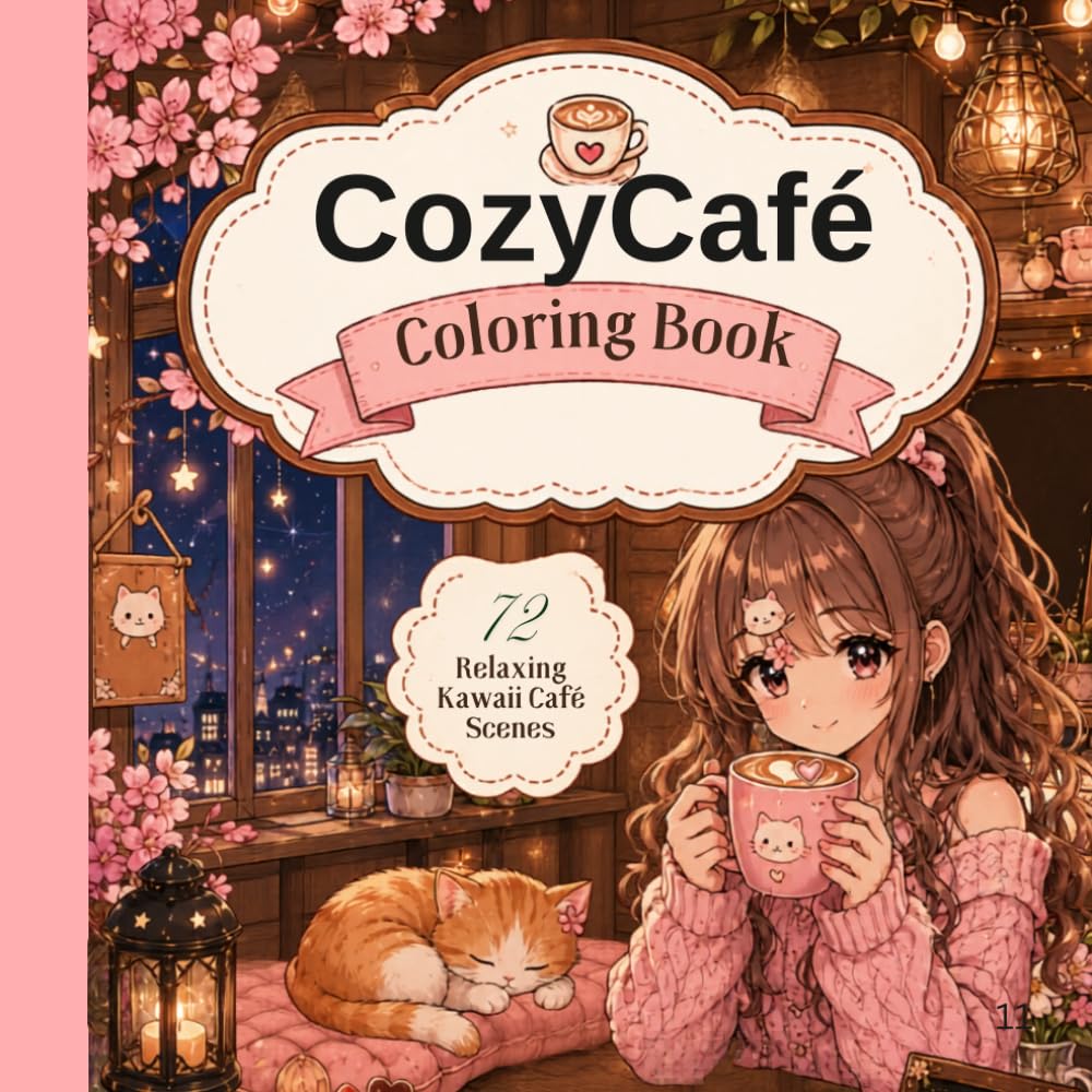 Cozy Café Coloring Book 72 Relaxing Kawaii Café Scenes: Cute Cozy Cafés, Rainy Coffee Shops, Sweet Desserts, Cats, Self-Care & Relaxing Kawaii Moments