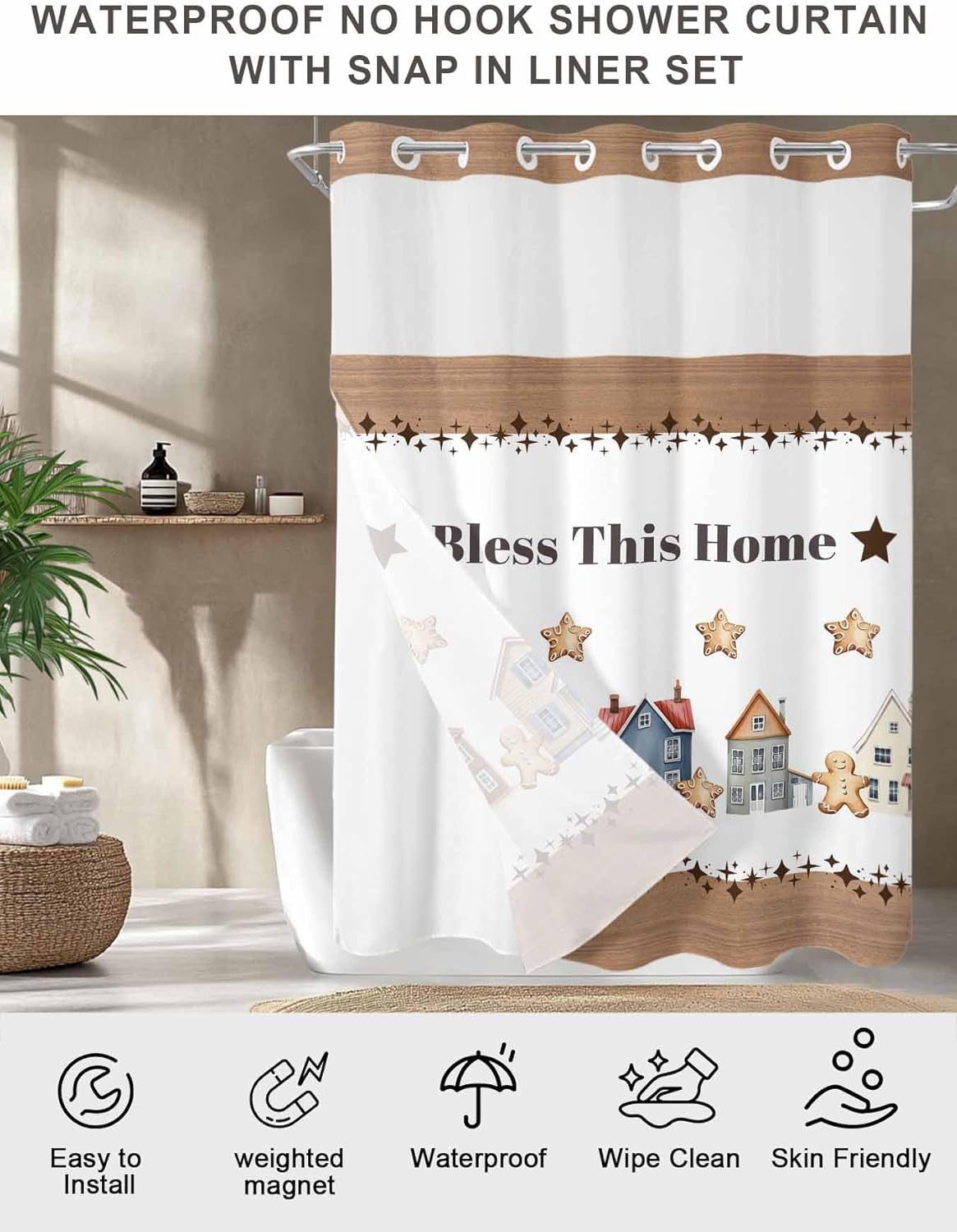 No Hook Shower Curtain with Snap in Liner, Farmhouse Flower Bless This Home Waterproof Bath Curtain Double Layers with See Through Top Window, Rustic Shining Star Wood Hotel Shower Curtains
